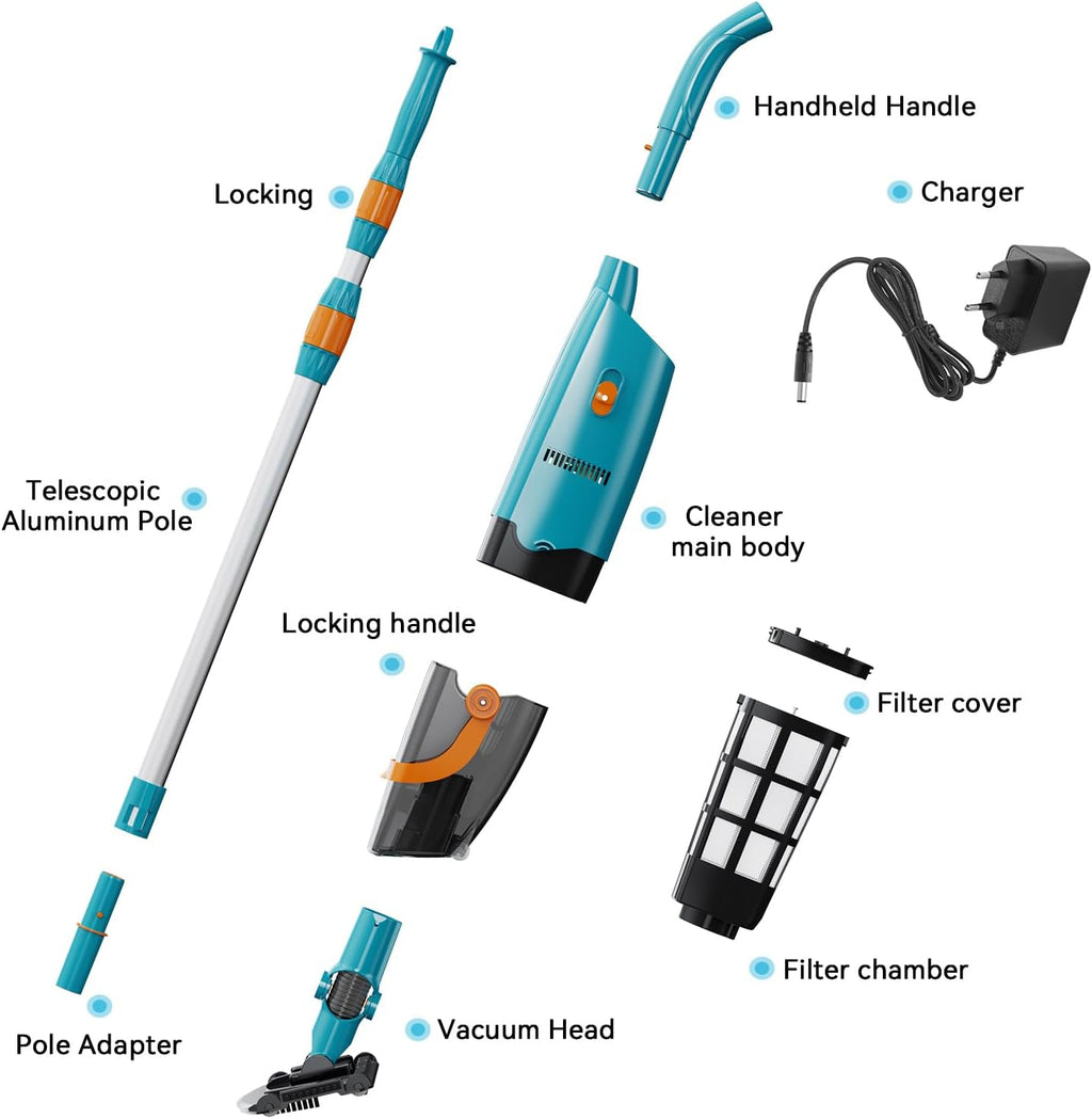 LVKE L2 Cordless Handheld Pool Vacuum for Above Ground Pool with Telescopic Pole, Strong Suction Power, Ideal for Deep Pool Cleaning, Blue
