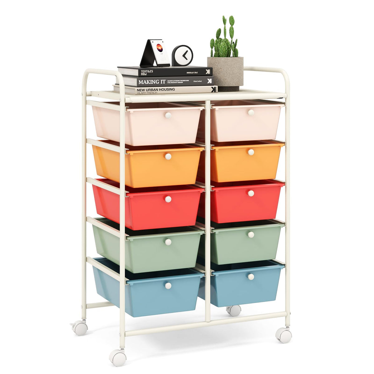 LDAILY 9 Drawer Rolling Storage Cart, Rolling Cart with Drawers for Classroom, Art Supply Craft Organizer on Wheel with Metal Frame & Handles for Home Office School