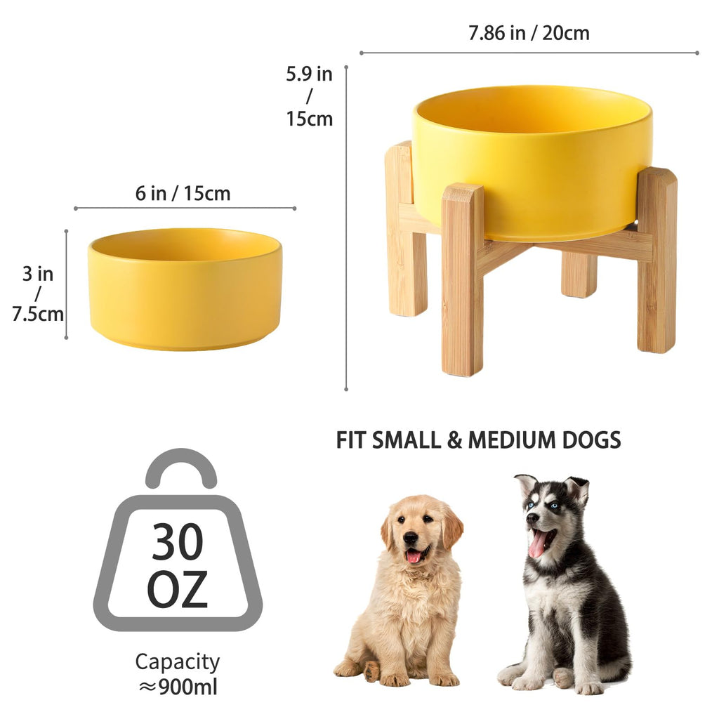 6'' Ceramic Raised Dog Bowl - 30Oz Dog Food & Water Bowl with Elevated Non-Slip Bamboo Stand, Dishwasher & Microwave Safe, Anti Vomiting Heavy Duty Pet Bowl for Small and Medium Dogs, Black