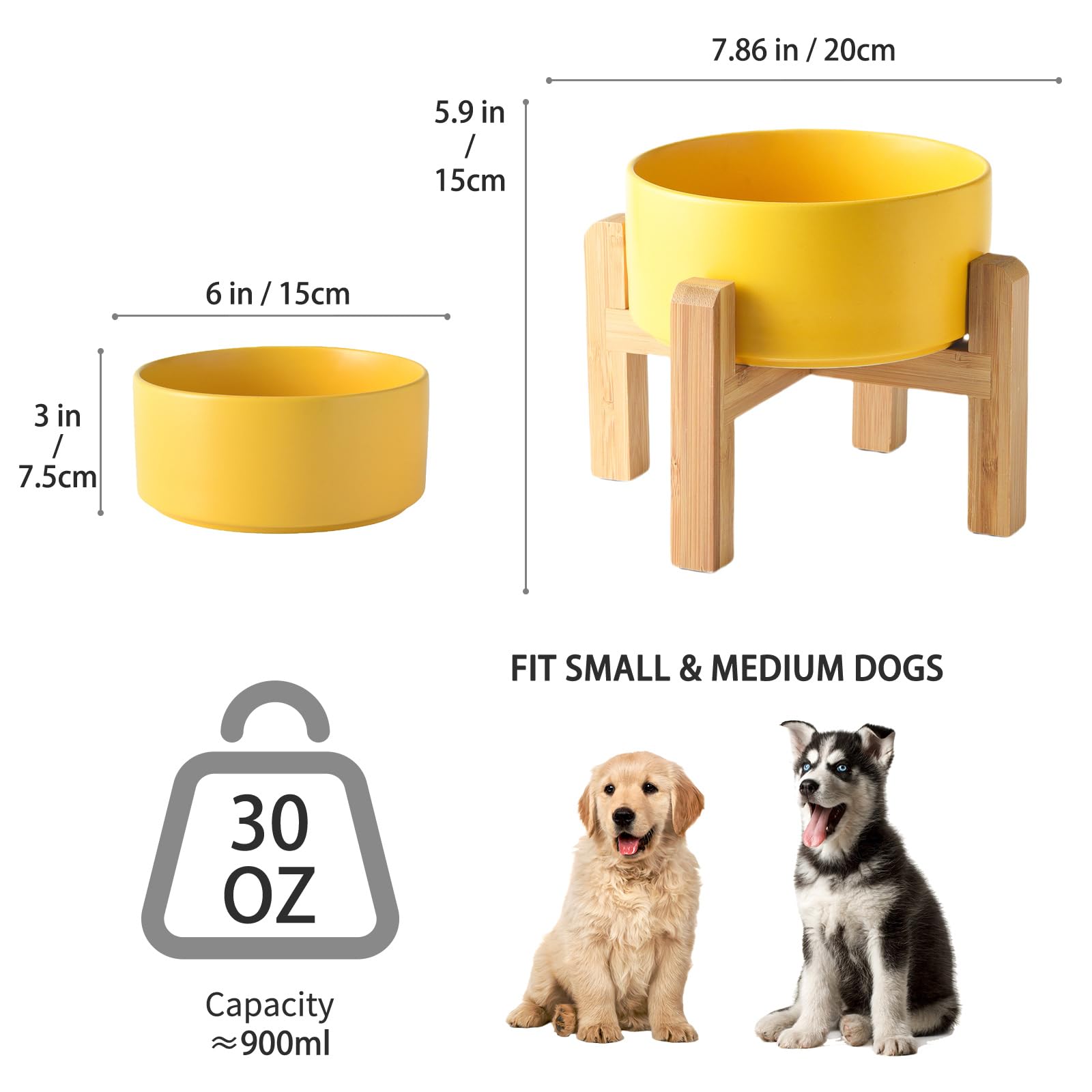 6'' Ceramic Raised Dog Bowl - 30Oz Dog Food & Water Bowl with Elevated Non-Slip Bamboo Stand, Dishwasher & Microwave Safe, Anti Vomiting Heavy Duty Pet Bowl for Small and Medium Dogs, Black