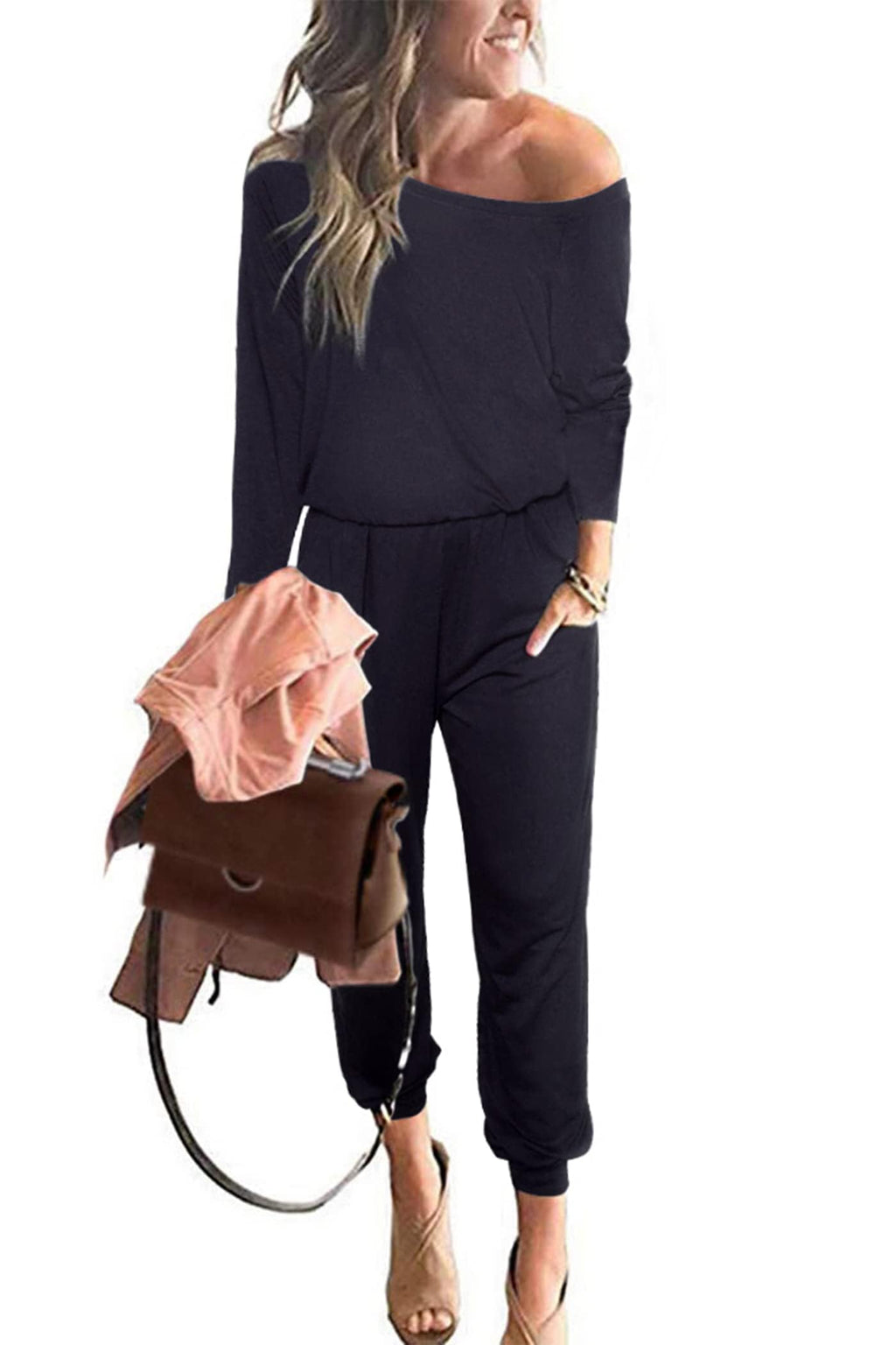 PRETTYGARDEN Jumpsuits for Women Casual 2026 Fall Long Sleeve Off Shoulder Rompers One Piece Travel Outfits Fashion Clothing
