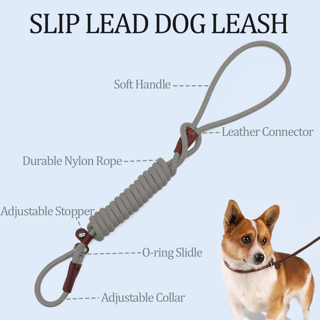 MayPaw Slip Lead Control Leash for Dogs No Pull, 13+ Colors Classic Dog Lead 7 FT Pet Slip Leash, 1/4” Rope Leashes for Small Medium Animals (7ft*1/4", Black)
