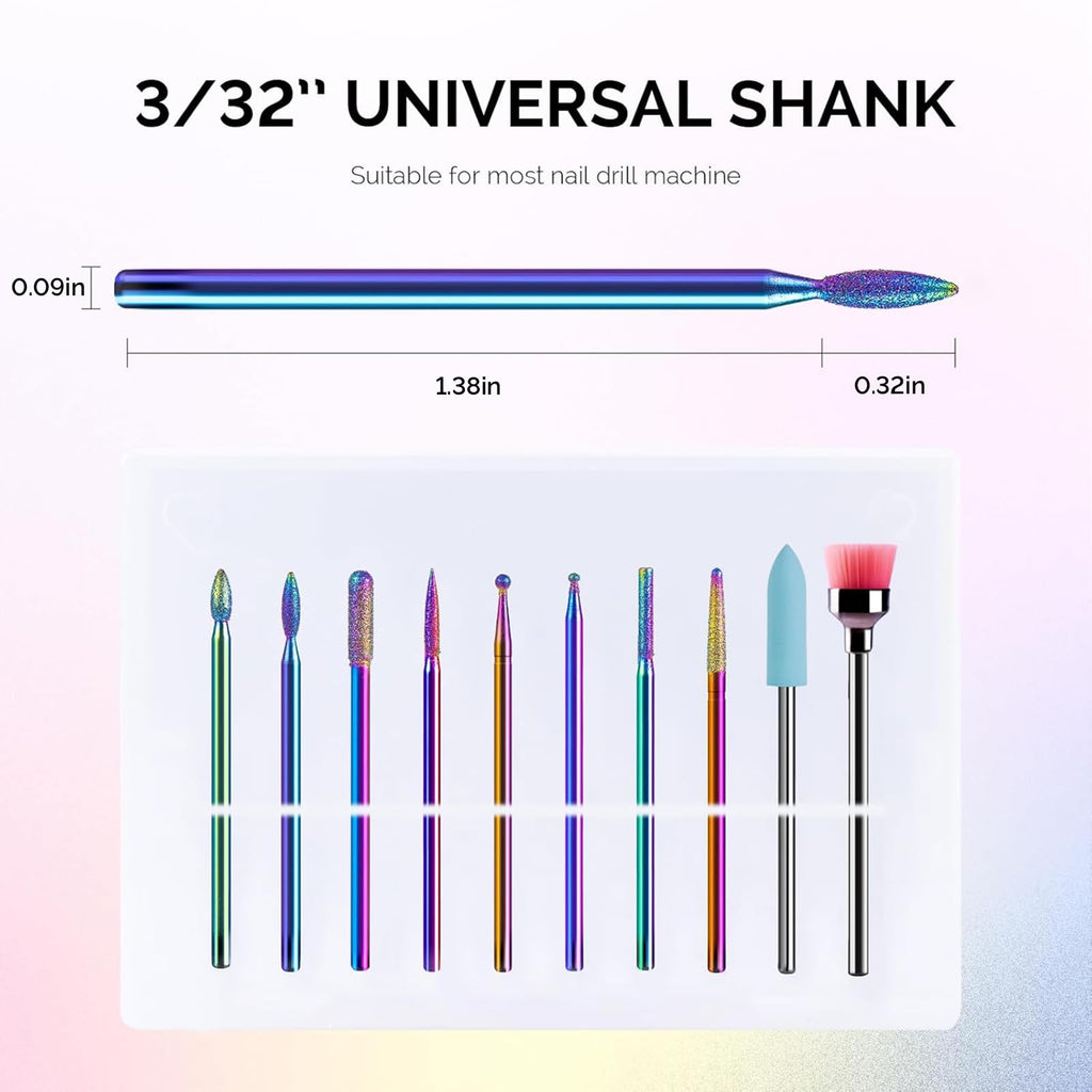 MelodySusie 10pcs Nail Drill Bits Set, 3/32 Inch Diamond Cuticle Bits for Nail Drill E-File, Manicure Pedicure Remover Tools for Acrylic Gel Nails, Salon Home Use Nail Care Supplies, Rainbow