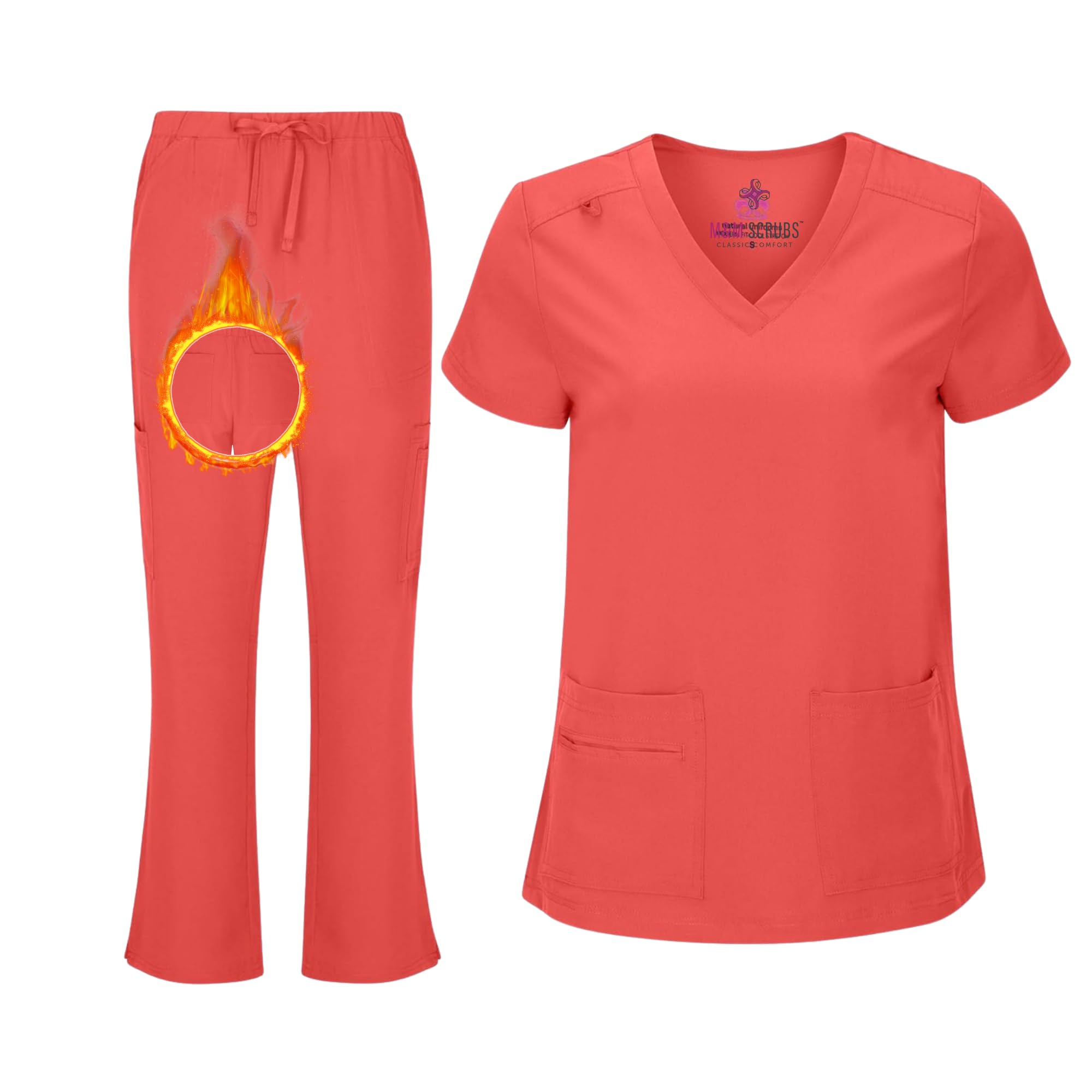Women's Cool Stretch V-Neck Top and Cargo Pant Scrub Set with Regular and Petite Sizes