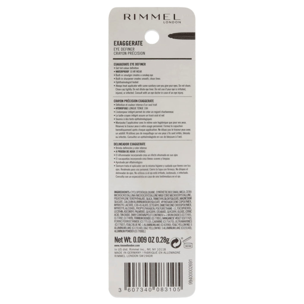 Rimmel London Exaggerate Waterproof Eye Definer Eyeliner, Highly Pigmented, Long-Wearing, Built-In Smudger, 230, Deep Ocean, 0.01oz