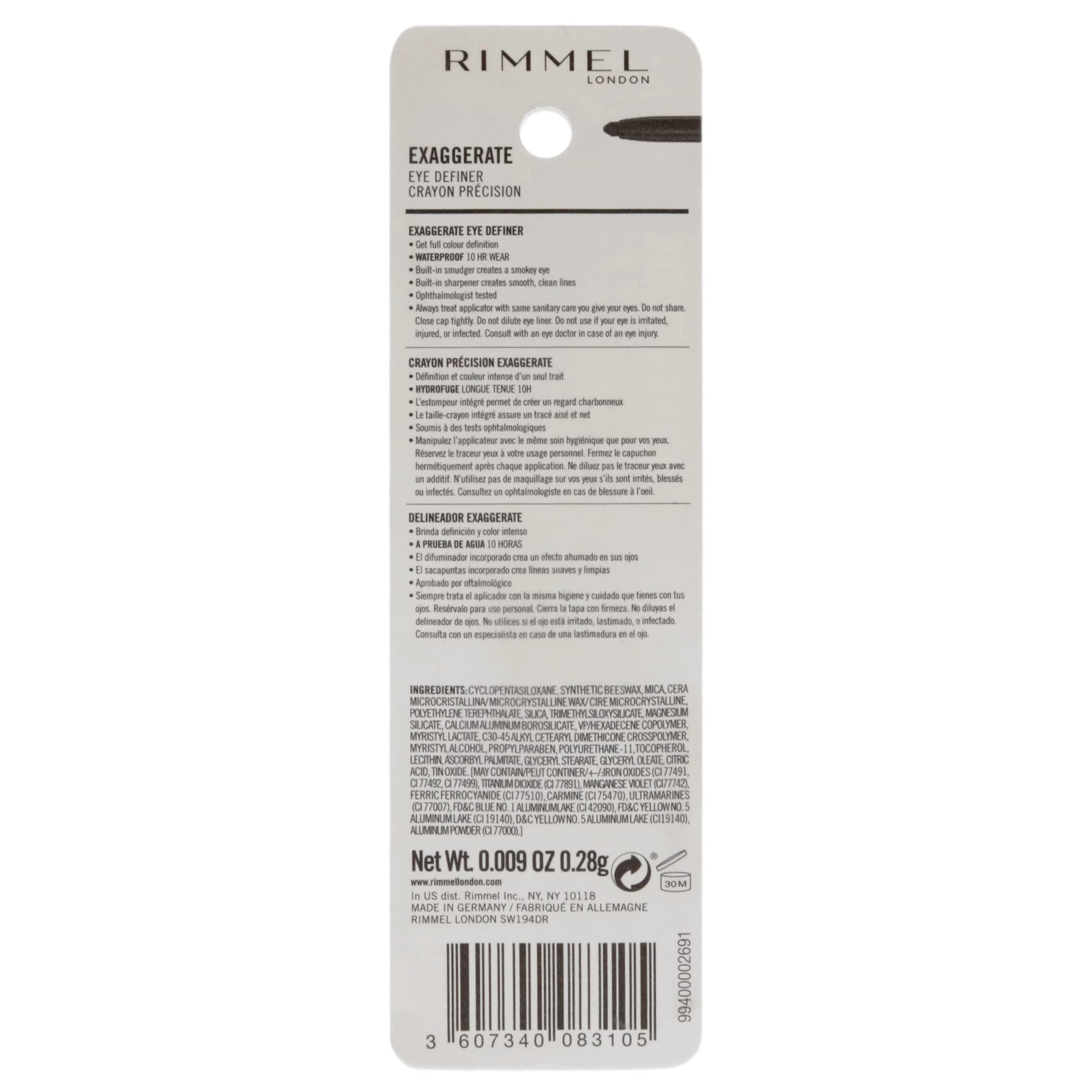 Rimmel London Exaggerate Waterproof Eye Definer Eyeliner, Highly Pigmented, Long-Wearing, Built-In Smudger, 230, Deep Ocean, 0.01oz