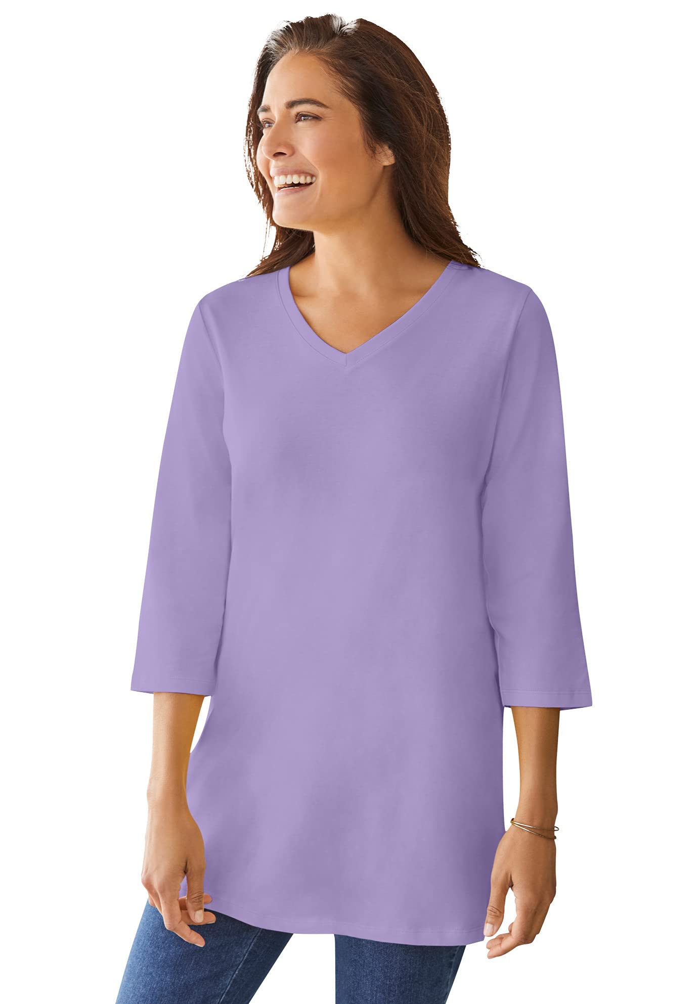 Woman Within Plus Size Perfect Three-Quarter Sleeve V-Neck Tunic