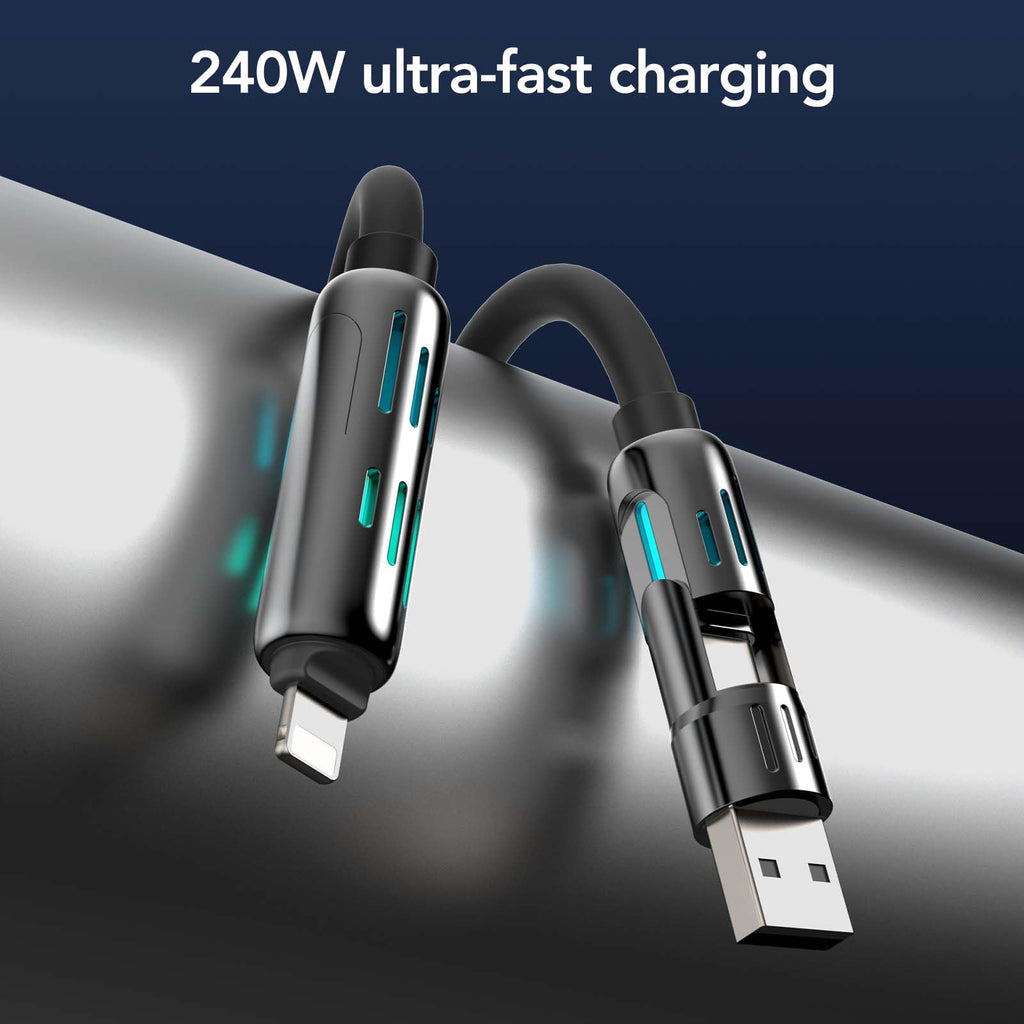 MFish 4-in-1 USB Charging Cable with Carrying Case, 240W Fast Charger Cord, USB-A & Dual USB-C to USB-C/Lightning, for iPhone 17/16/15/14, iPad, MacBook & More(Black, 3.3FT)