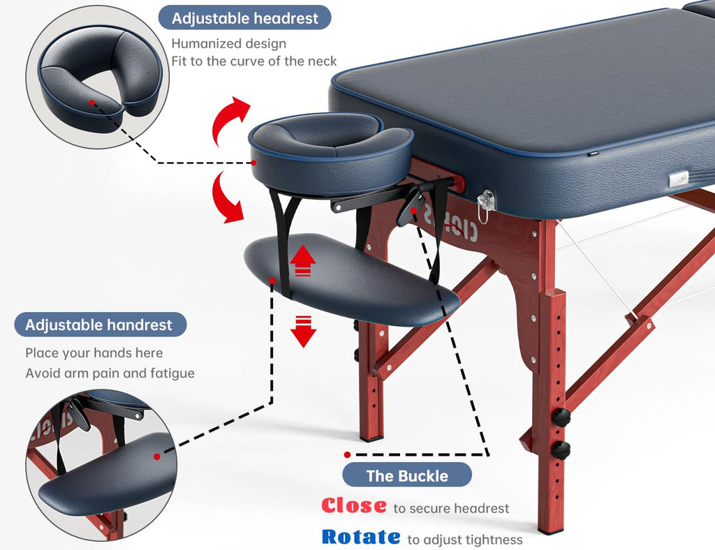 CLORIS 84" Professional Massage Table Portable Reinforced Wooden Leg 2 Folding Lightweight Spa Salon Tattoo Massage Bed Height Adjustable Hold Up to 1100LBS with Carrying Bag Black