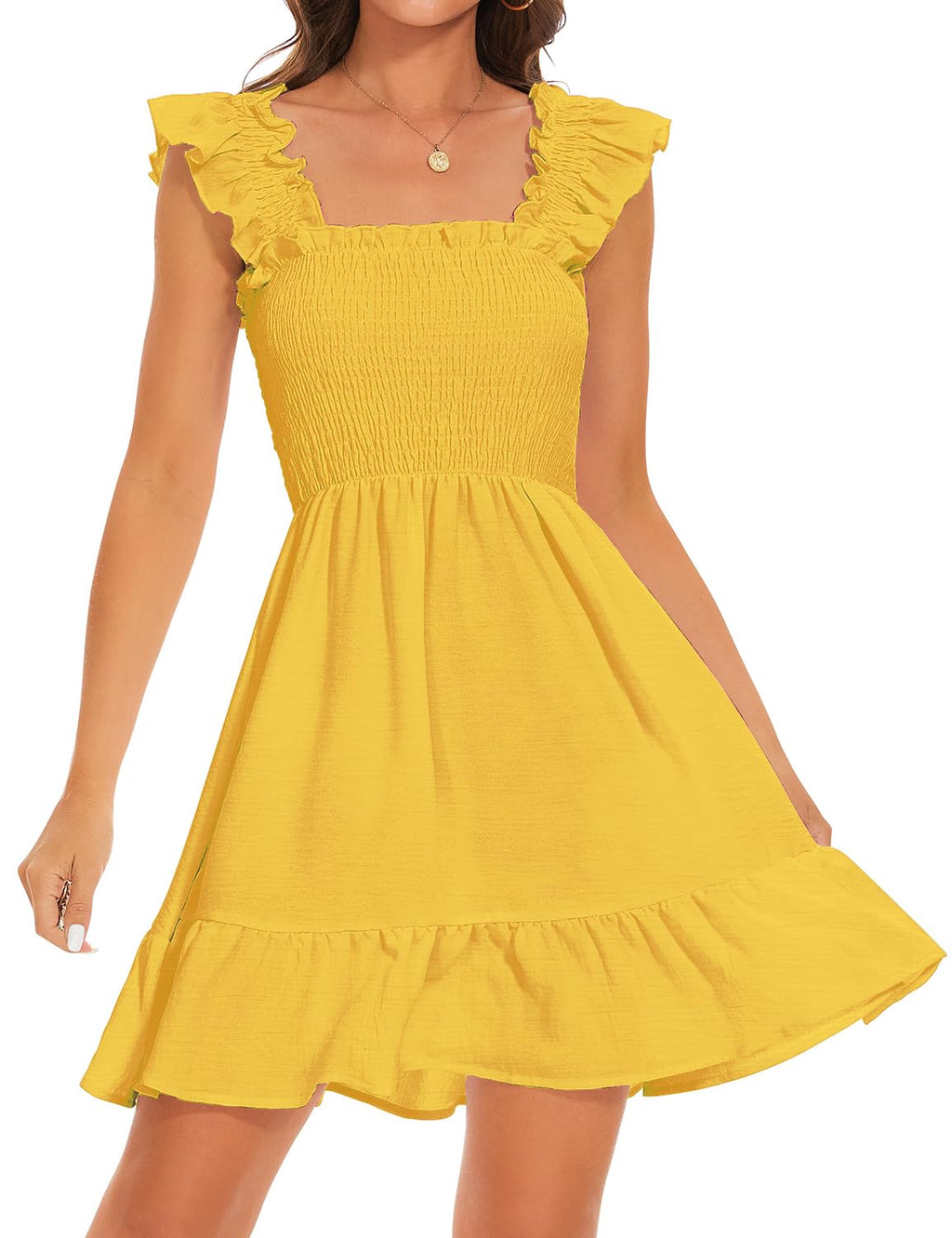 ROYLAMP Women's Smocked Dresses Square Neck Elegant Tiered Boho Ruffle Shoulder Swing Flowy Summer Casual Mini Dress