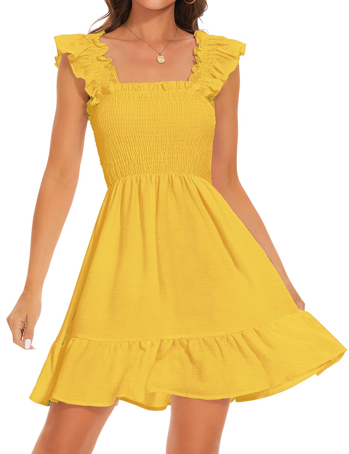 ROYLAMP Women's Smocked Dresses Square Neck Elegant Tiered Boho Ruffle Shoulder Swing Flowy Summer Casual Mini Dress