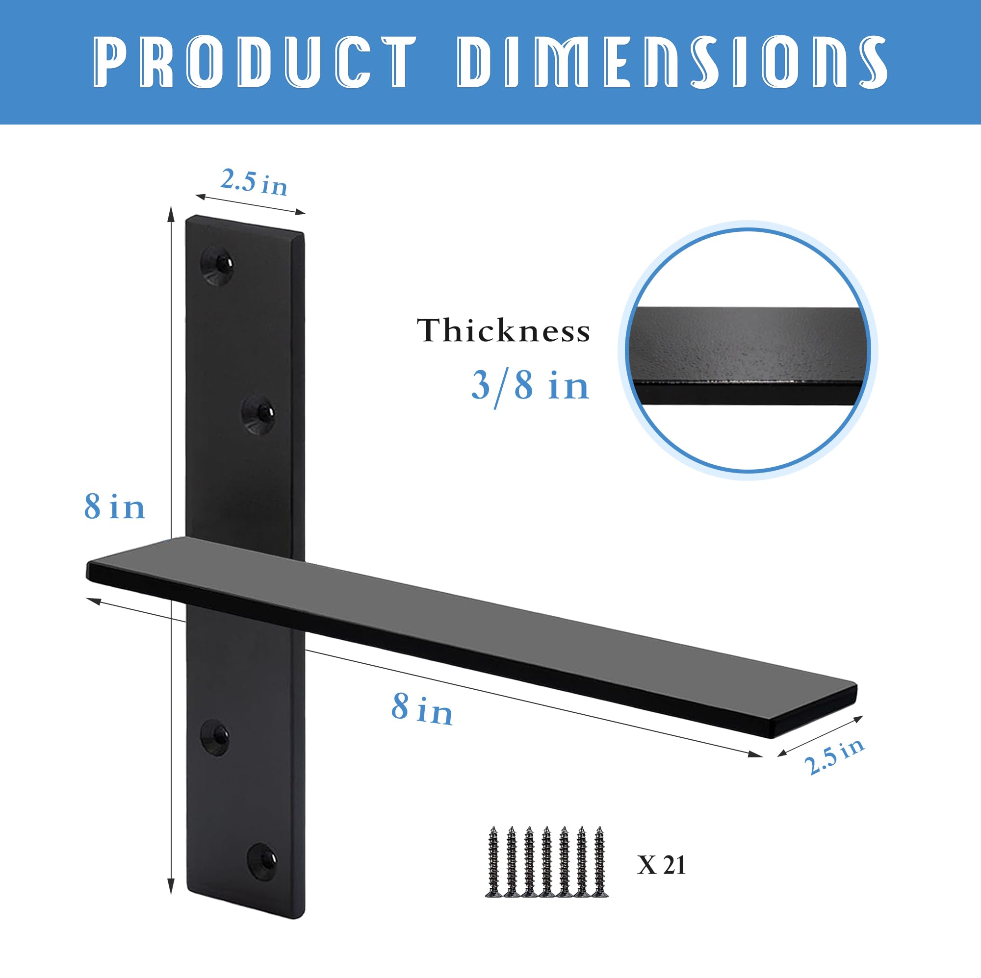 Floating Shelf Bracket 3/8" Thick Heavy Duty Shelf Brackets 2 Pack Free Hanging Countertop Support Bracket 8" Lx2.5 W Floating Wall Brackets for Cabinets, Granite, Dishwasher, Bench Seats Vanities