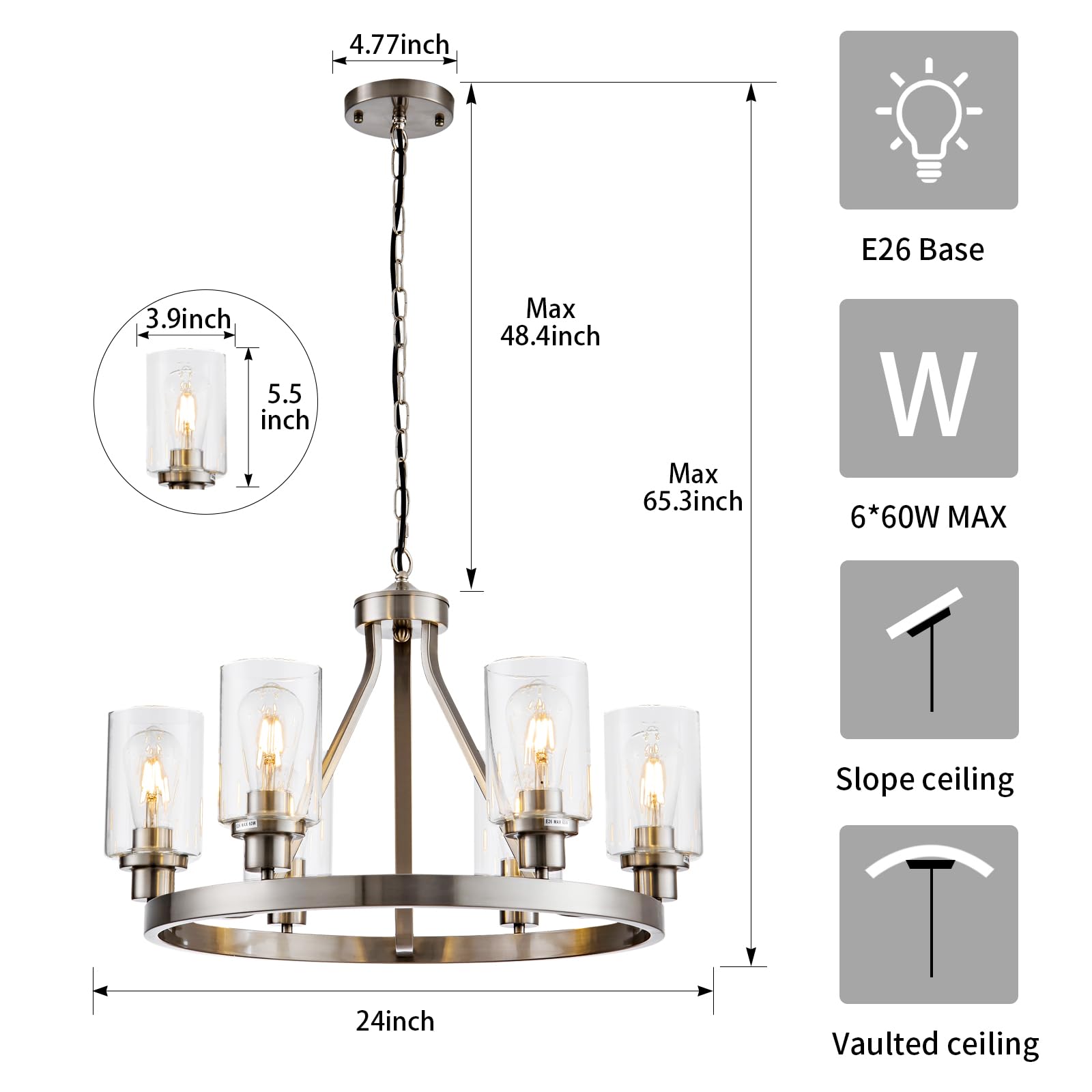 Lanhall 6-Light Modern Dining Room Light Fixture Brushed Nickel Kitchen Chandelier Ceiling Hanging Pendant Lighting with Glass Shade for Living Room Bedroom Entryway Adjustable Height Metal E26