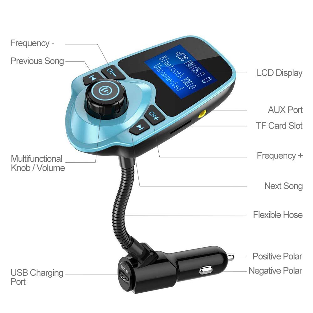 Nulaxy KM18 Bluetooth 5.4 Car Adapter with 1.44" Clear Display & Flexible Gooseneck - FM Radio Transmitter & Bluetooth Receiver for Hands-Free Calls, Wireless Music via BT/FM/AUX/TF, USB Car Charger