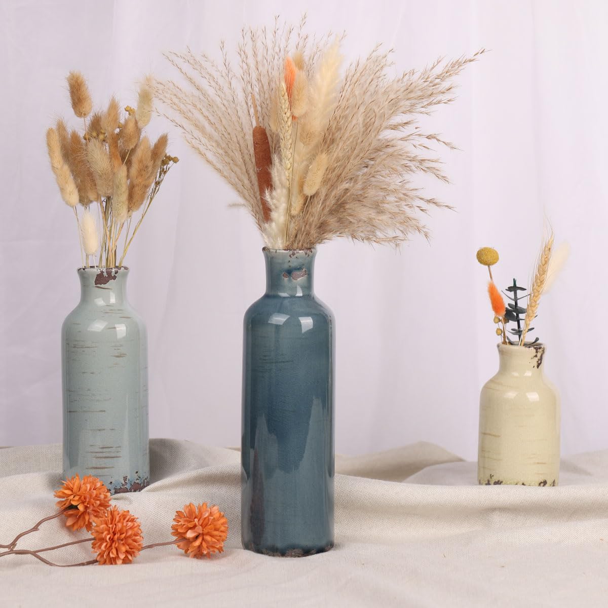 Ceramic Vase Set - 3 Ceramic Small Vases, Farmhouse Country Flower Vase Home Decor, Living Room Decoration, Table Decoration, Fireplace Decor, and Entrance Decorations Centerpieces