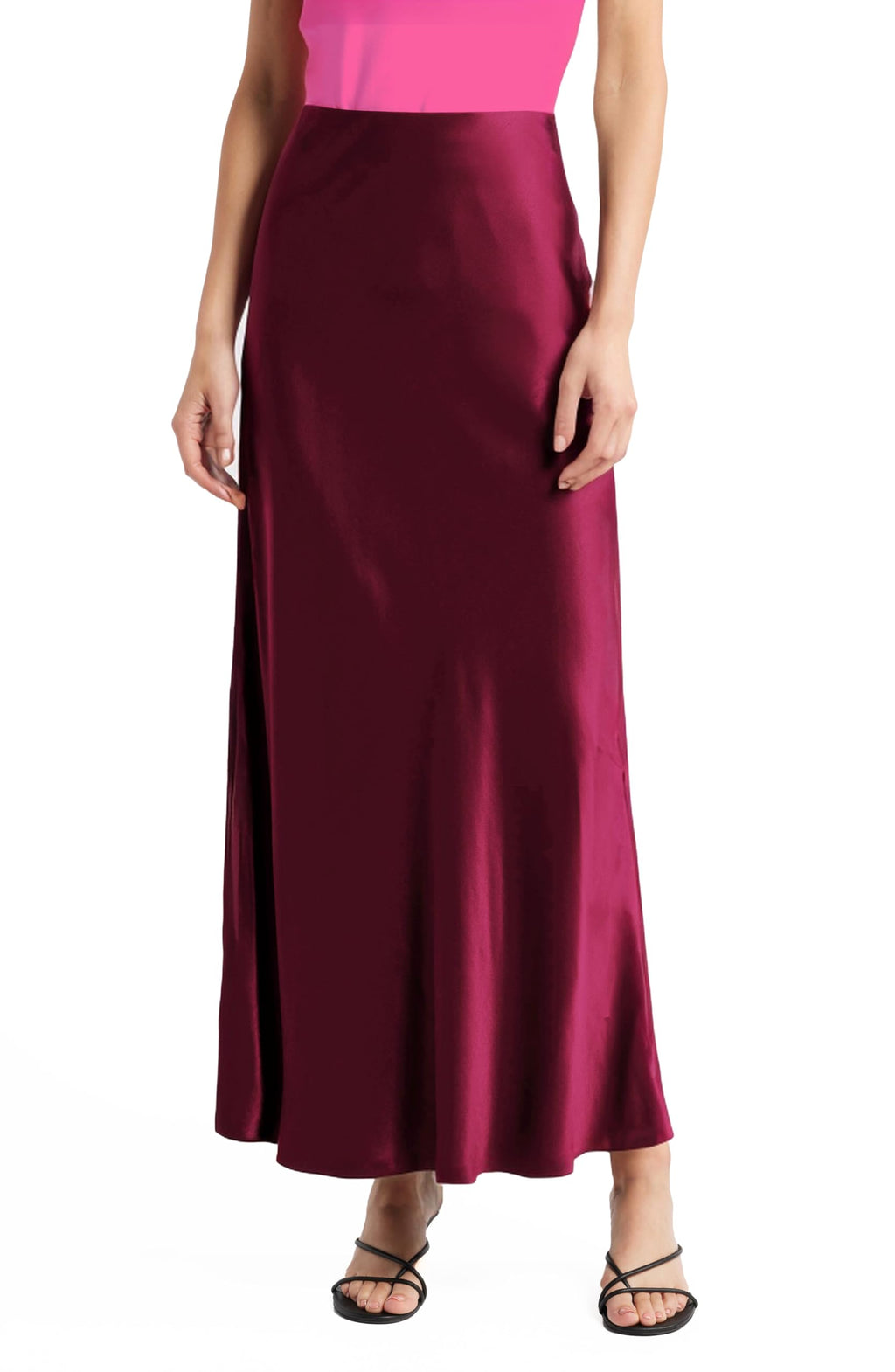 Women's Solid Satin High Waist Midi Long Skirt Hidden Elastic Waistband Skirt for Women-Made in USA