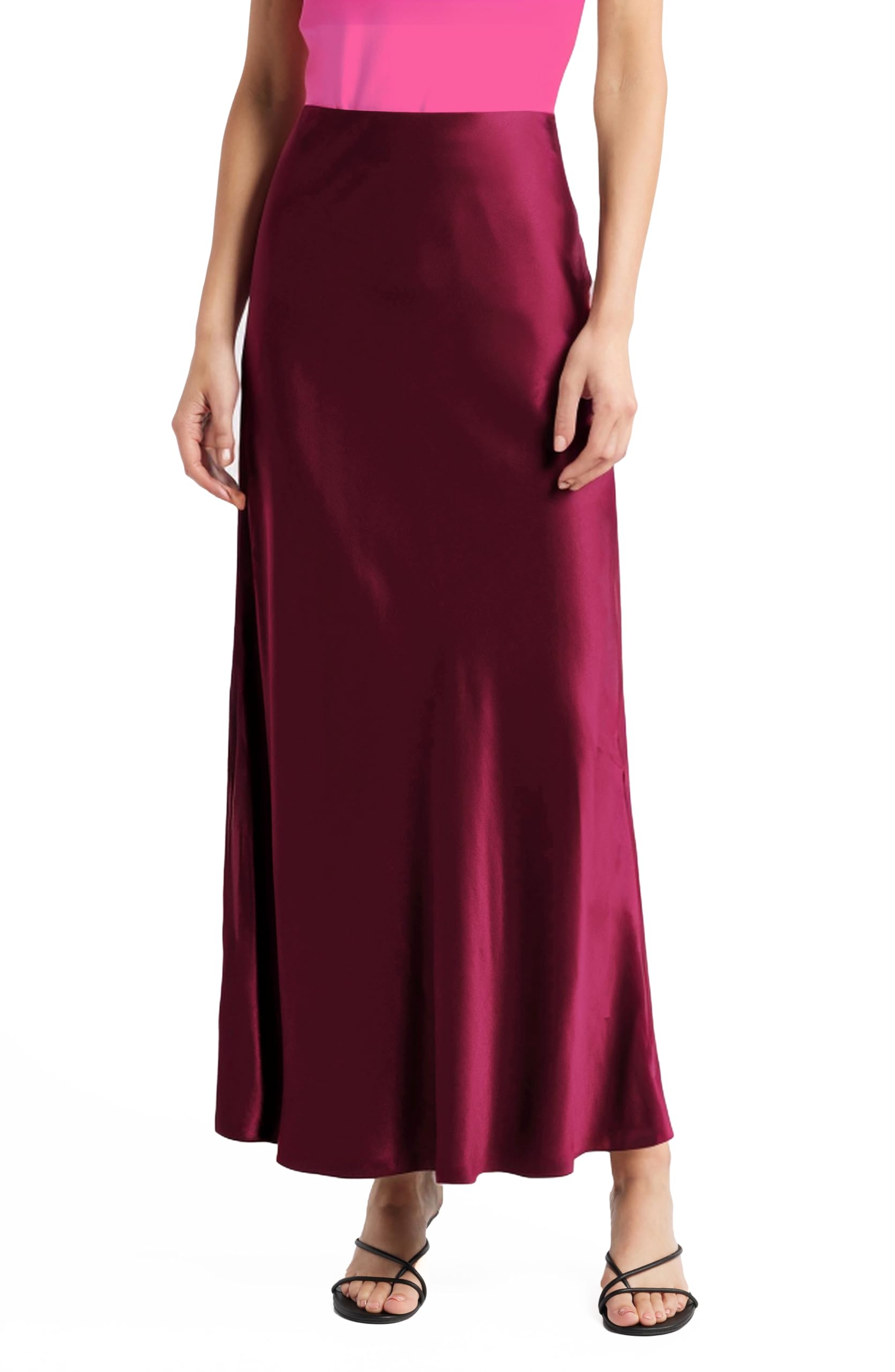 Women's Solid Satin High Waist Midi Long Skirt Hidden Elastic Waistband Skirt for Women-Made in USA