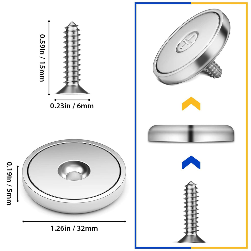 VNDUEEY Magnets with Holes, Strong Rare Earth Magnets, 8 Pack 40LBS Neodymium Cup Magnet with Stainless Screws for Wall Mounting, Round Base Disc Magnet for Kitchen, Office, Workplace, DIY Craft