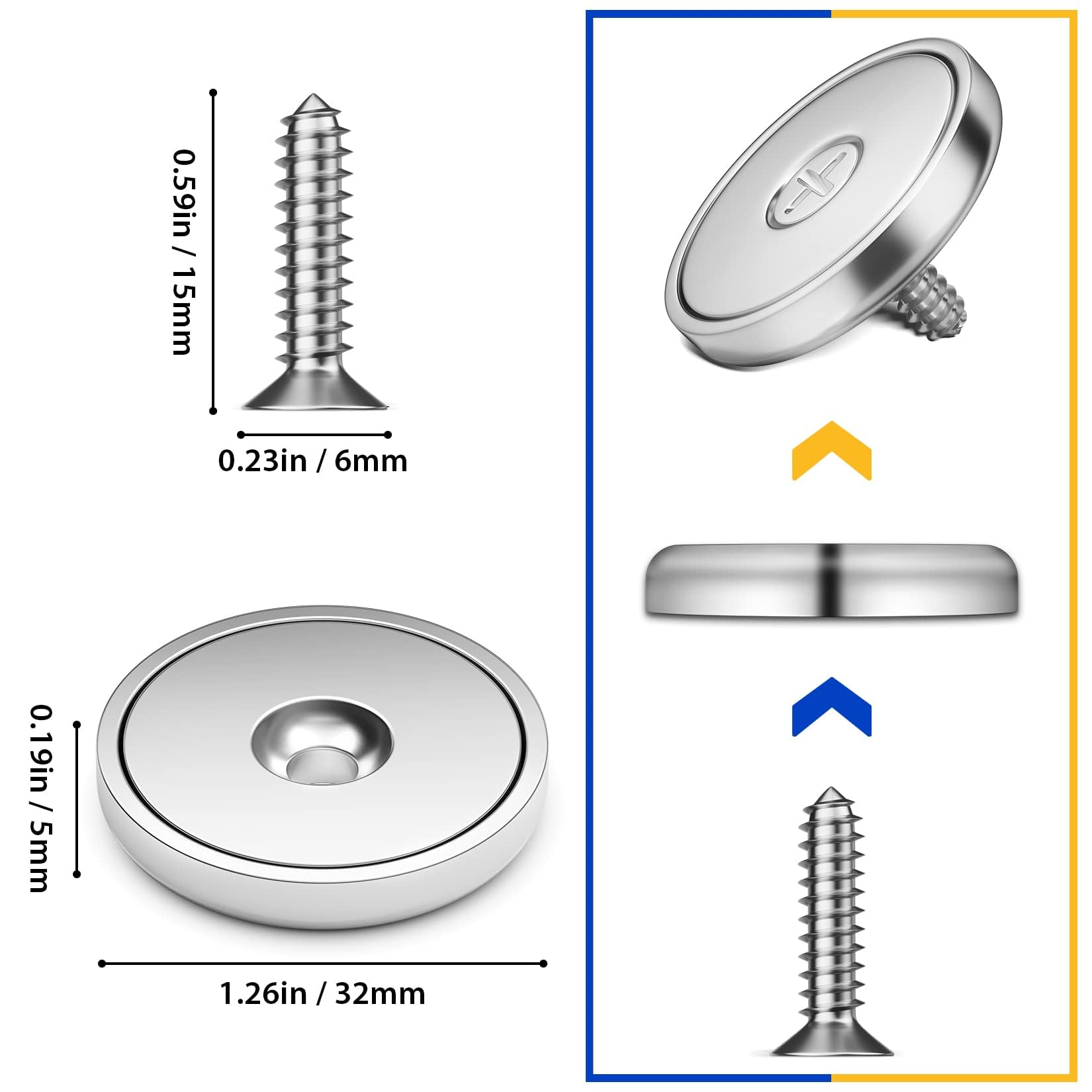 VNDUEEY Magnets with Holes, Strong Rare Earth Magnets, 8 Pack 40LBS Neodymium Cup Magnet with Stainless Screws for Wall Mounting, Round Base Disc Magnet for Kitchen, Office, Workplace, DIY Craft