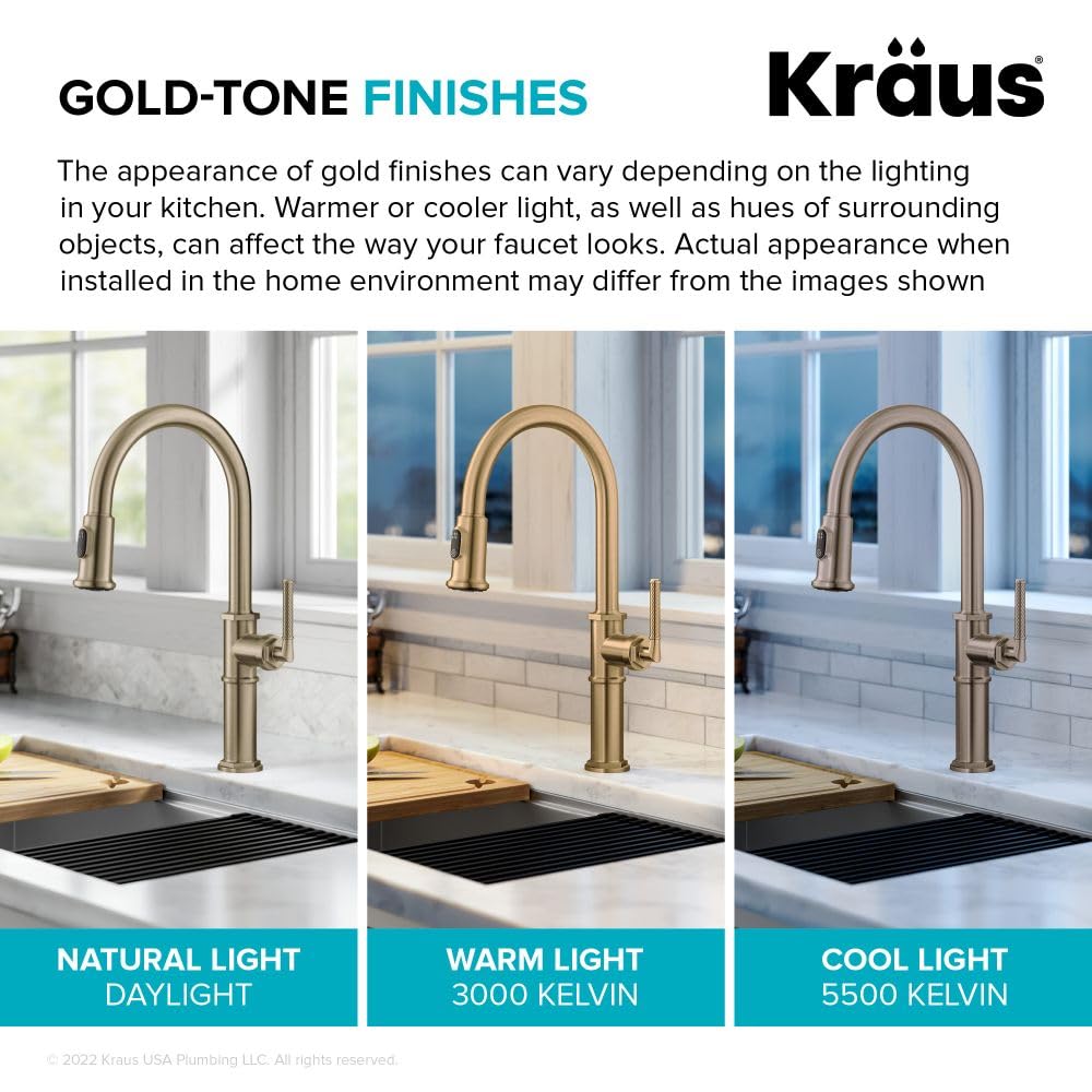 KRAUS Allyn Transitional Bridge Kitchen Faucet with Pull-Down Sprayhead in Brushed Gold, KPF-3121BG