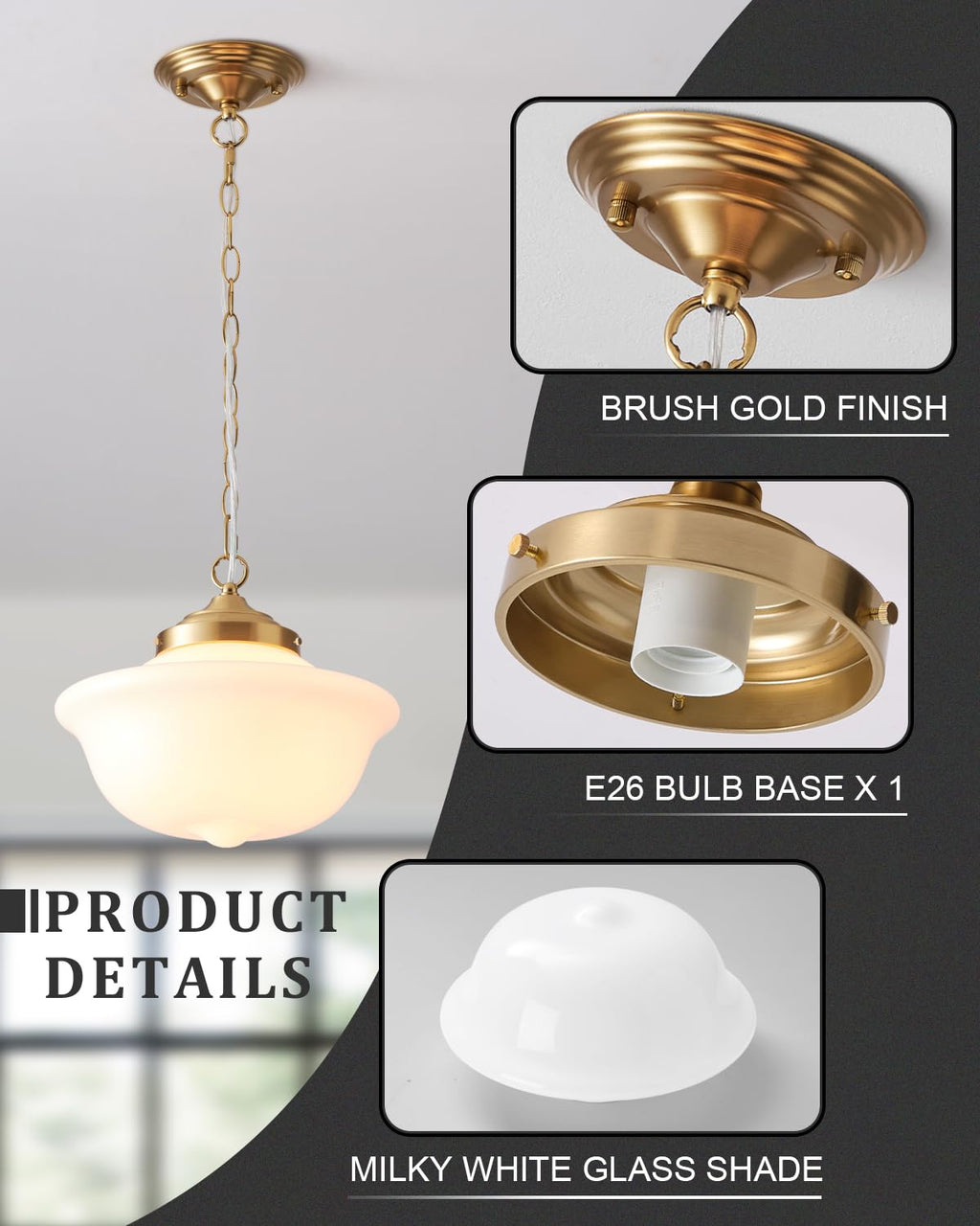 Schoolhouse Light Fixture, 12 Inch Black Finish with Milk Glass Semi Flush Mount Ceiling Light, Ceiling Light Fixture for Kitchen Hallway Entryway (Type C Pendant Light)