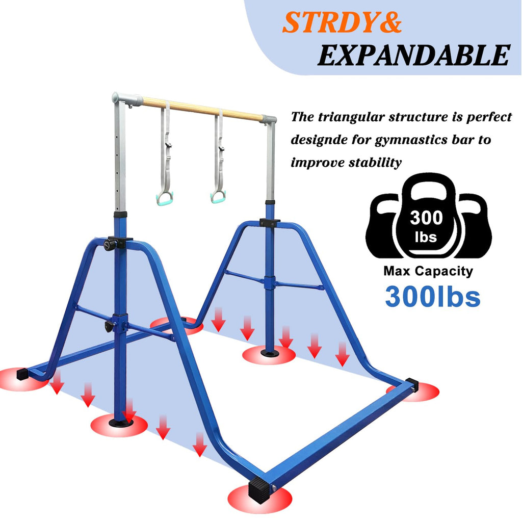 Foldable & Moveable Gymnastics Horizontal Bar with Rings,3’to 5’Adjustable Height Expandable Junior Kip Bar for Home,Indoor Gym Equipment for Kids