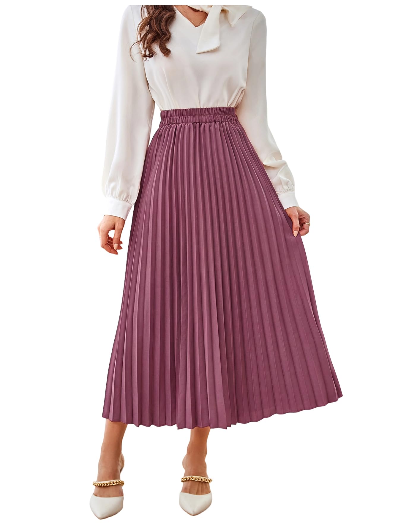 SweatyRocks Women's Casual Solid Longline Pleated Long Skirt