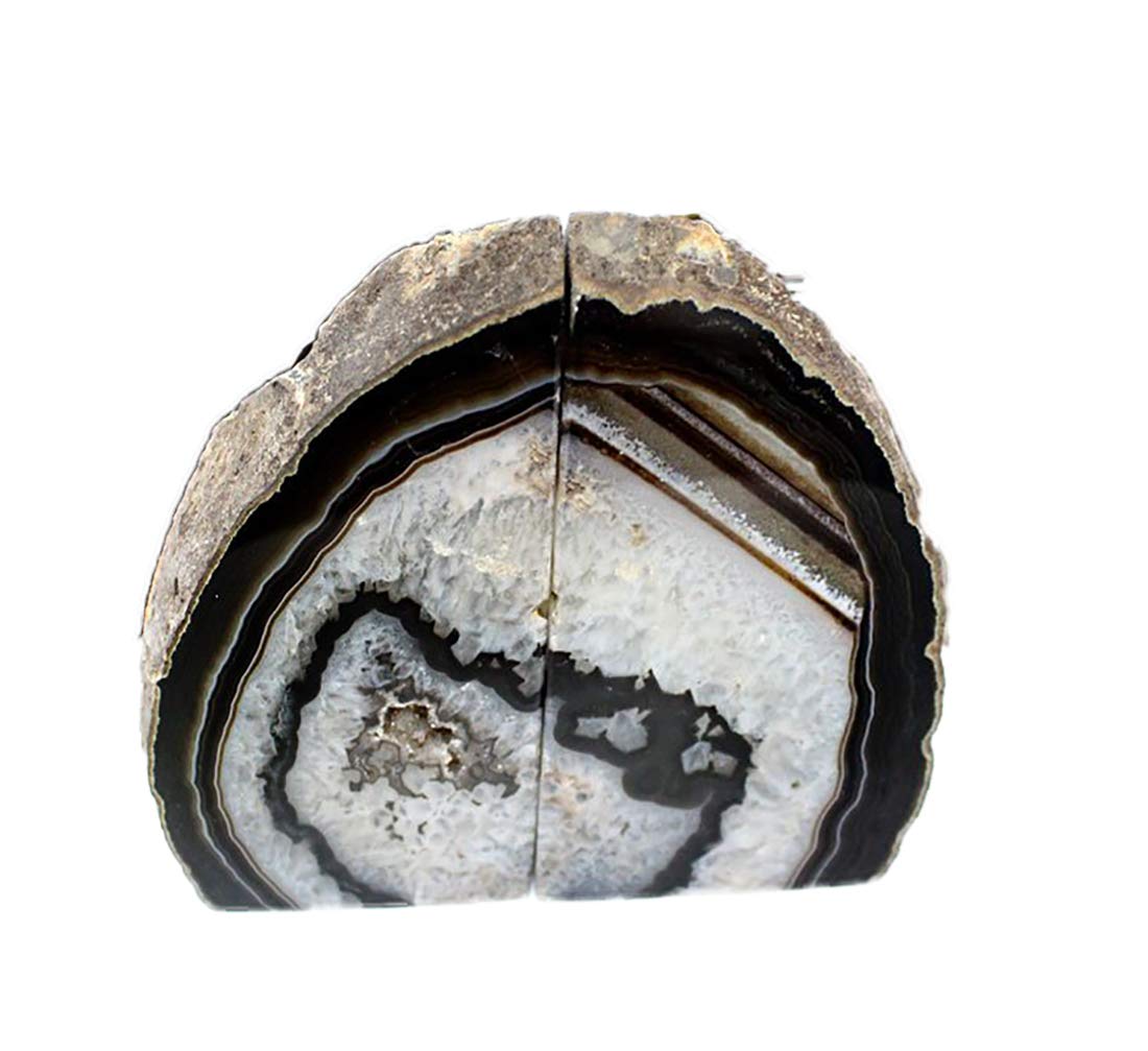 JIC Gem Black Agate Geode Bookends 2-3 Lbs Anti-Slip Rubber Pads Heavy Duty | 1Pair Natural Black Agate Crystal Decor for Shelves & Desk, Unique Small Stone Book Holder Gift for Office & Home Decoration