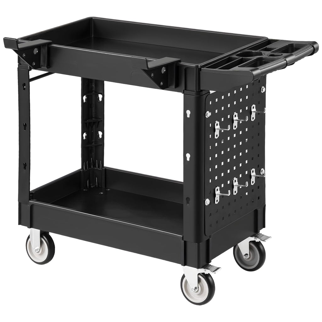 VEVOR Utility Service Cart, 2 Shelf 550LBS Heavy Duty Plastic Rolling Utility Cart, Medium Lipped Shelf, 360° Swivel Wheels, Ergonomic Storage Handle for Warehouse Garage, Black | Heavy Duty Rolling Cart with 360° Swivel Wheels, Medium Lipped Shelf, Ergon