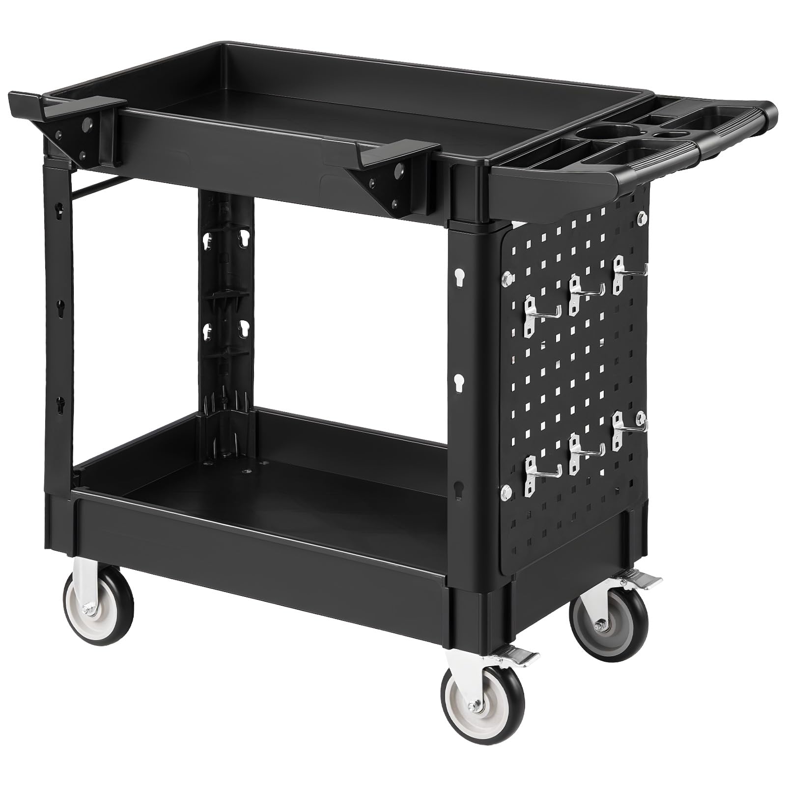 VEVOR Utility Service Cart, 2 Shelf 550LBS Heavy Duty Plastic Rolling Utility Cart, Medium Lipped Shelf, 360° Swivel Wheels, Ergonomic Storage Handle for Warehouse Garage, Black | Heavy Duty Rolling Cart with 360° Swivel Wheels, Medium Lipped Shelf, Ergon