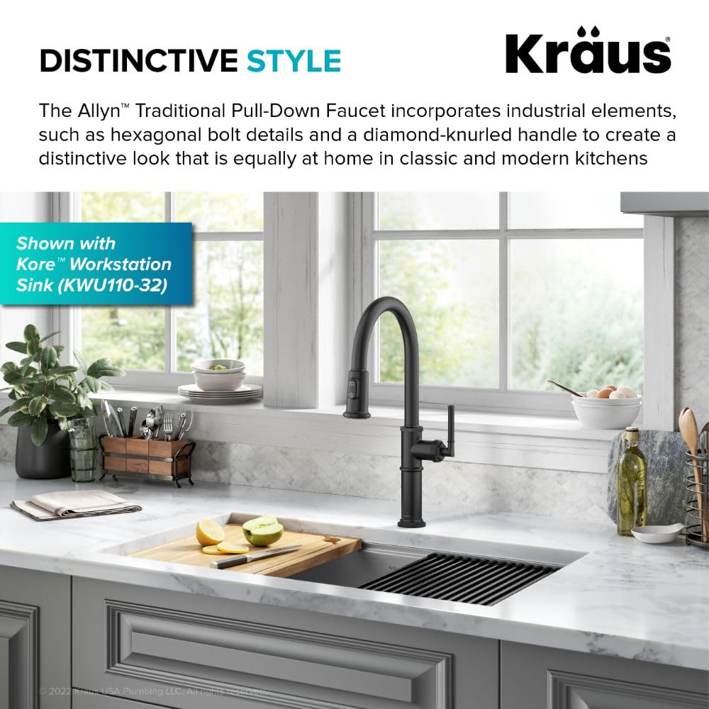 KRAUS Allyn Transitional Bridge Kitchen Faucet with Pull-Down Sprayhead in Brushed Gold, KPF-3121BG
