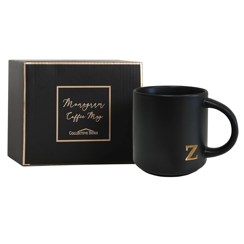 COLLECTIVE HOME - Black Monogram Ceramic Mugs, 15 oz Golden Initial Coffee Cups, Elegant Alphabet Tea Mugs, Personalized Halloween Mug with Gift Box, Perfect for Office and Home Décor (a)