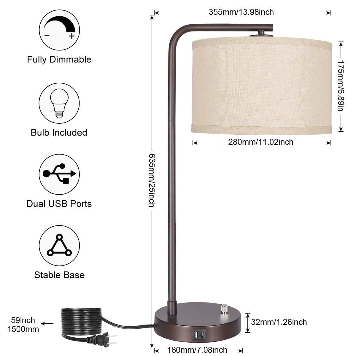 Table Lamps Set of 2, Fully Dimmable Bedside Lamp with USB C+A Charging Ports, Modern Nightstand Lamps with Linen Fabric Shades, Tall Desk Lamp for Bedroom, Living Room, Office, LED Bulb Included