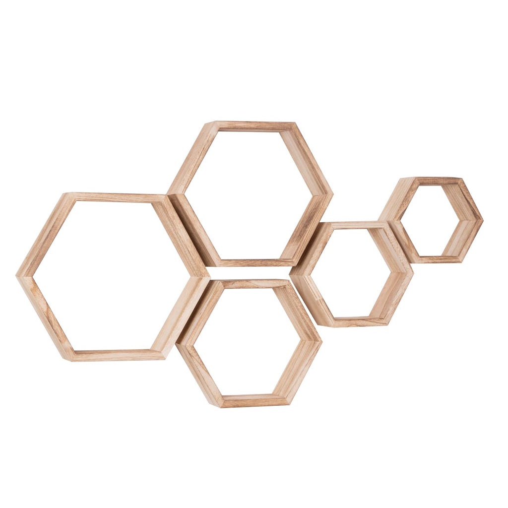WONFUlity Hexagon Shelves for Wall Mounted, Wood Farmhouse Storage Honeycomb Floating Shelves for Wall Decor,Screws Anchors Included,5pc