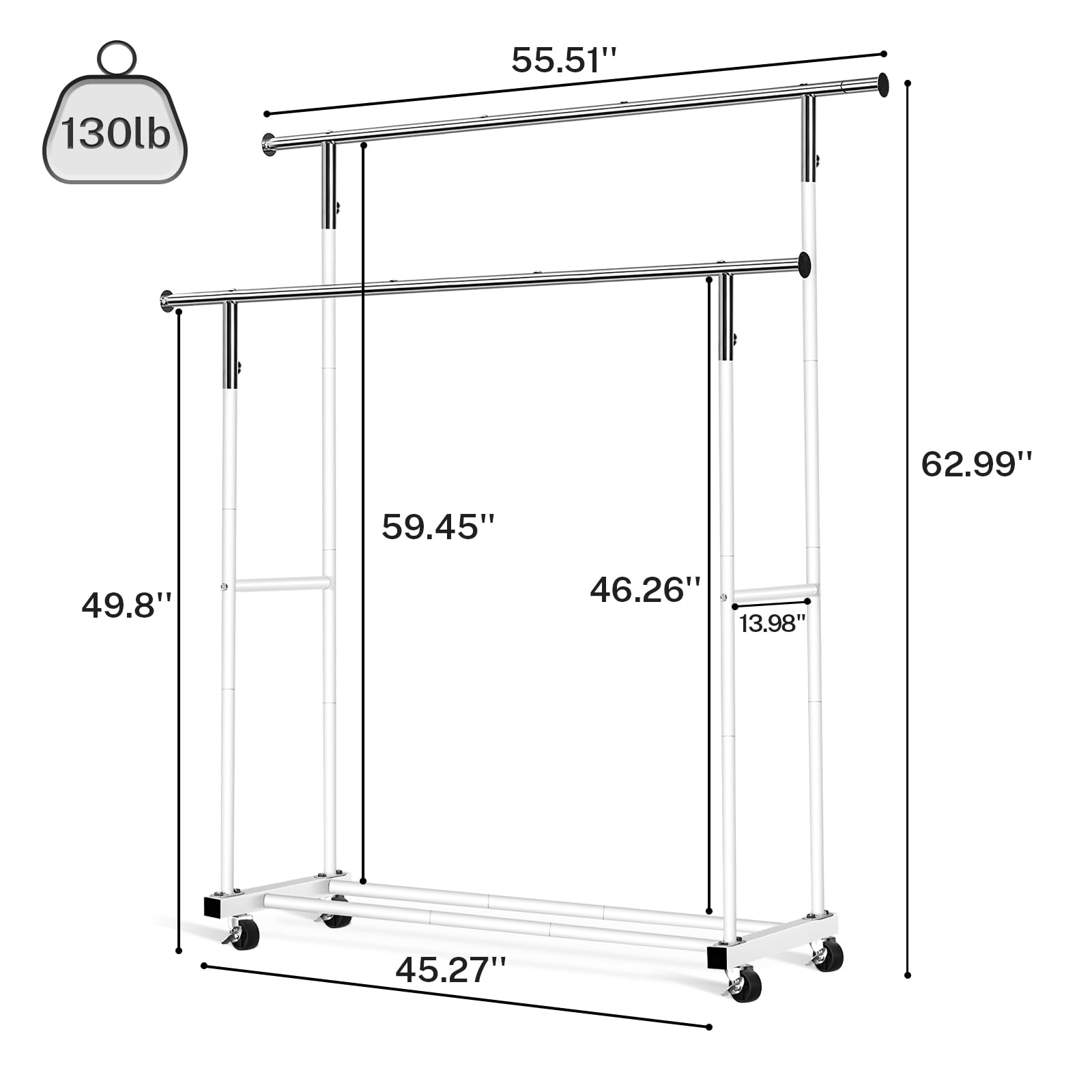 VICERII Clothing Rack, 55.51 Inch Heavy Duty Clothes Rack Rolling Garment Rack with Wheels and Bottom Shelf, 130LB Capacity Clothes Racks for Hanging Clothes, Coats, Shirts, Sweaters, Skirts, Black