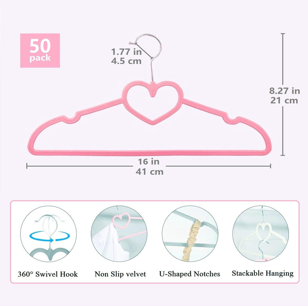 Velvet Hangers 20 Pack,16 Inch Non Slip Adult Heart Hanger (Black) | 360° Swivel Hooks, Cascade Design, Space Saving