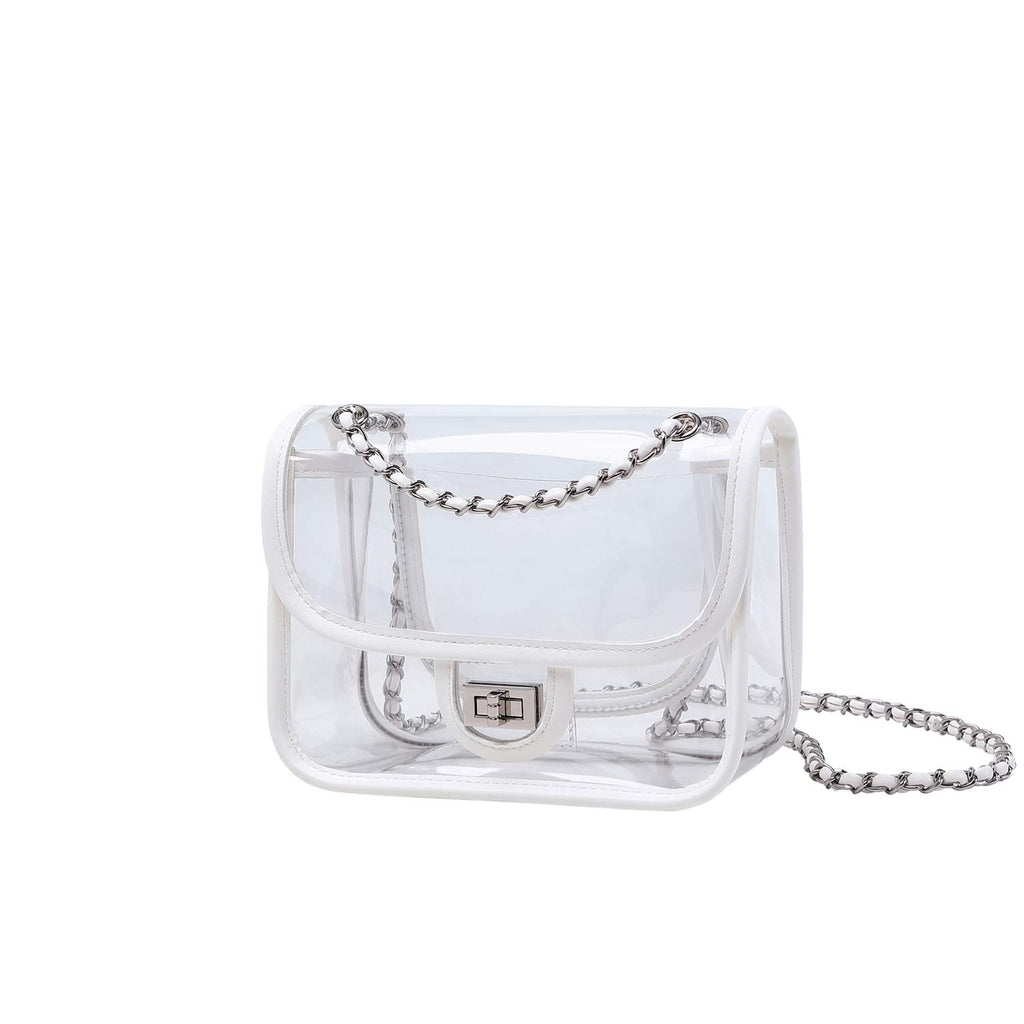 Womens PVC Clear Purse Handbag with Chain Stadium Approved Clear Bag See Through Bag for Working and Concert