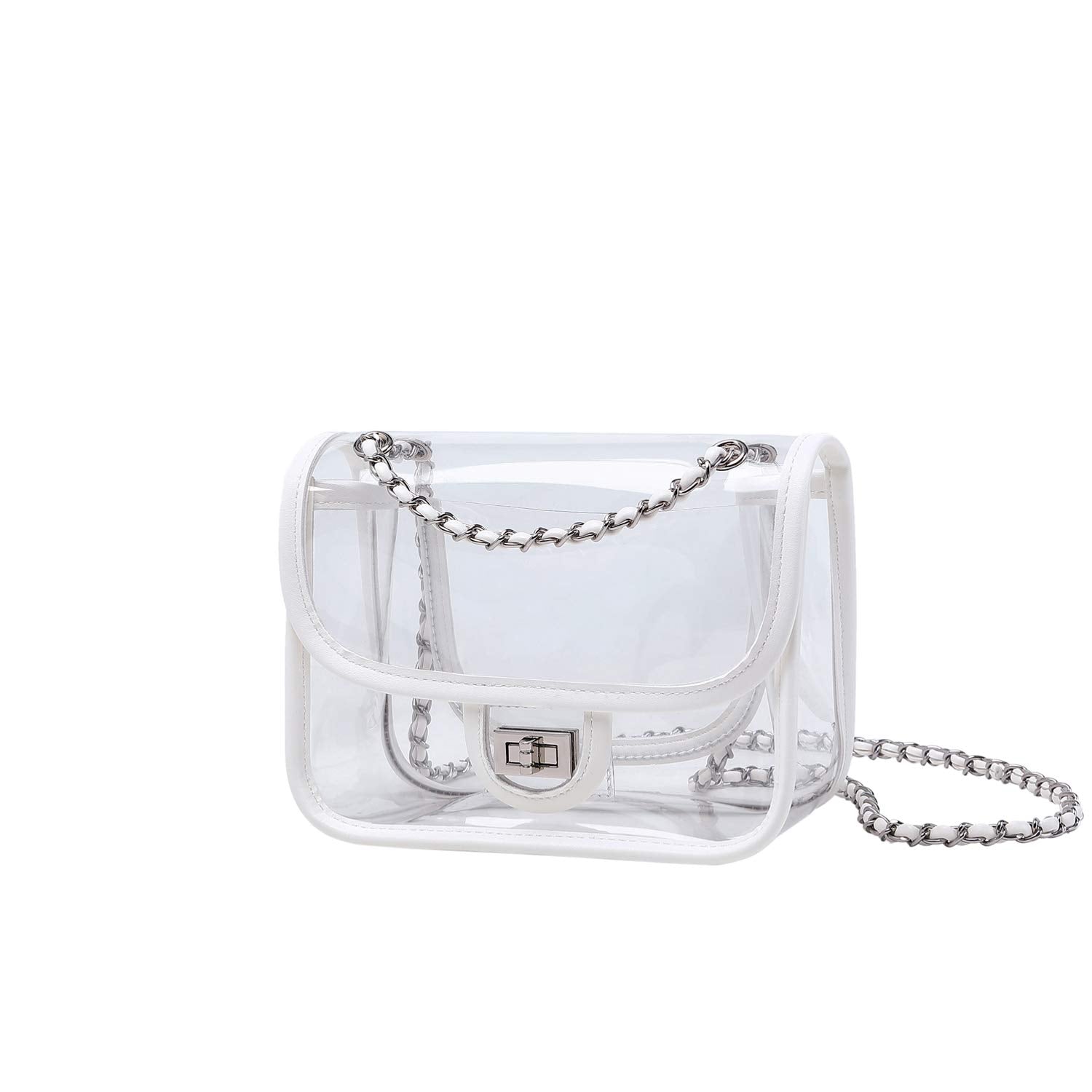 Womens PVC Clear Purse Handbag with Chain Stadium Approved Clear Bag See Through Bag for Working and Concert