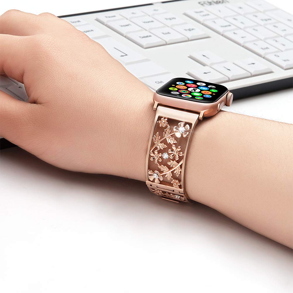 Floral Band Compatible with Apple Watch Jewelry Band 38mm 40mm 41mm 42mm iWatch Bands Series 11 10 9 8 7 6,Bling Crystal Bracelet Hollow Metal Strap,Fashion Women Wristband(38/40/41/42mm,Black)