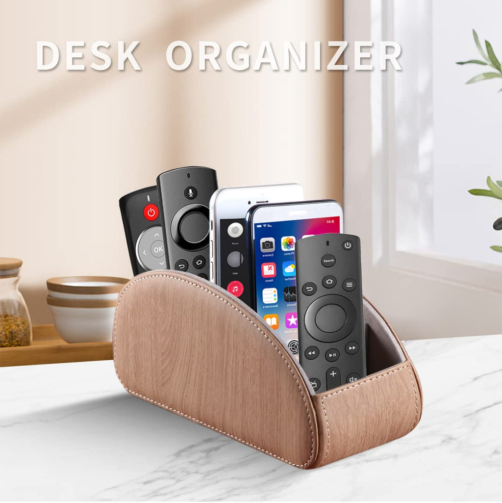 YAPISHI All-in-One Leather Brown TV Remote Holder with 5 Compartments Nightstand Desktop Media Player Remote Caddy Storage Box Organizer Tray for Mobile Office Phone Controller