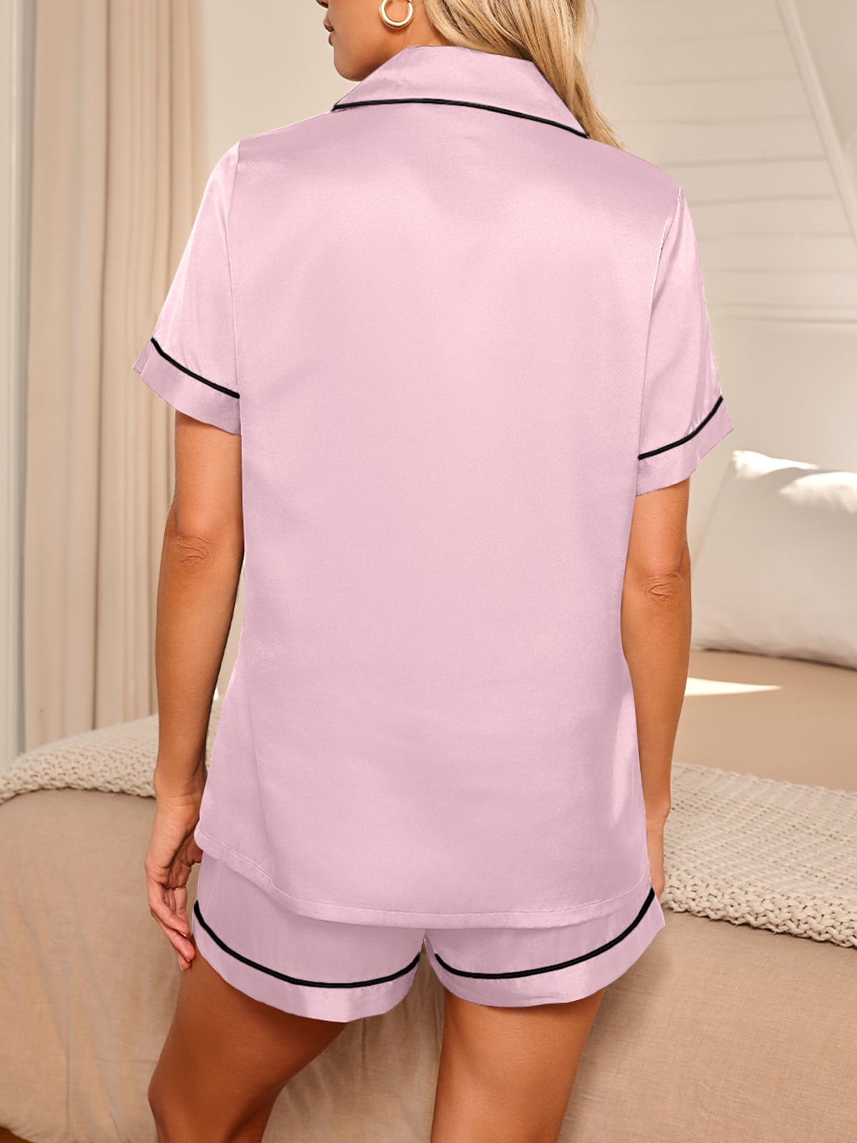 LILLUSORY Silk Satin Pajama Set for Women 2 Piece Lounge Pjs Winter Matching Summer Sleepwear Button Down Shirt Shorts