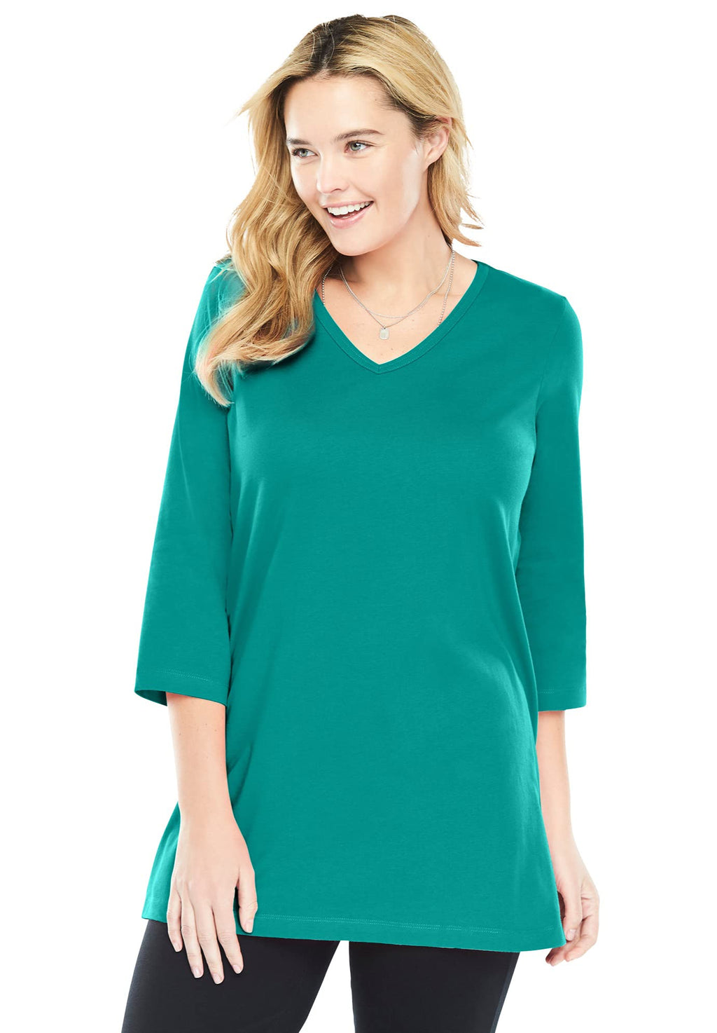 Woman Within Plus Size Perfect Three-Quarter Sleeve V-Neck Tunic