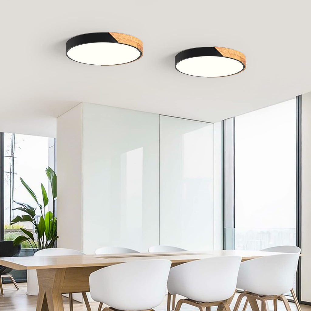 Modern LED Ceiling Light, Minimalist Wood Dimmable Flush Mount Ceiling Light Fixture, Round 5CCT Lighting Lamp with Acrylic Lampshade for Bedroom Hallway Kitchen Laundry, Black 11.8"