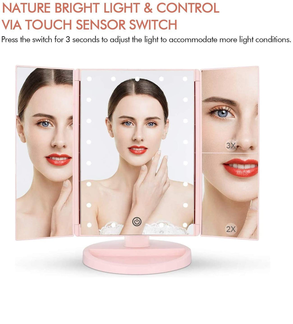 Flymiro Tri-fold Lighted Vanity Makeup Mirror with 3x/2x Magnification,Light up Mirror for Makeup,Touch Screen 21 LEDs,180° Rotation Countertop Cosmetic Mirror,Gifts for Women Mom Teen Girls