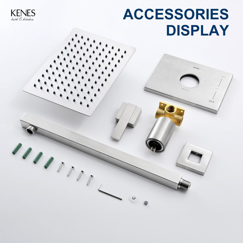 KENES Brushed Nickel 10-Inch Shower Head and Handle Set, Square Shower Faucet Set Bathroom Rainfall Shower System Wall Mount, KE-6024B (Shower Valve Included)