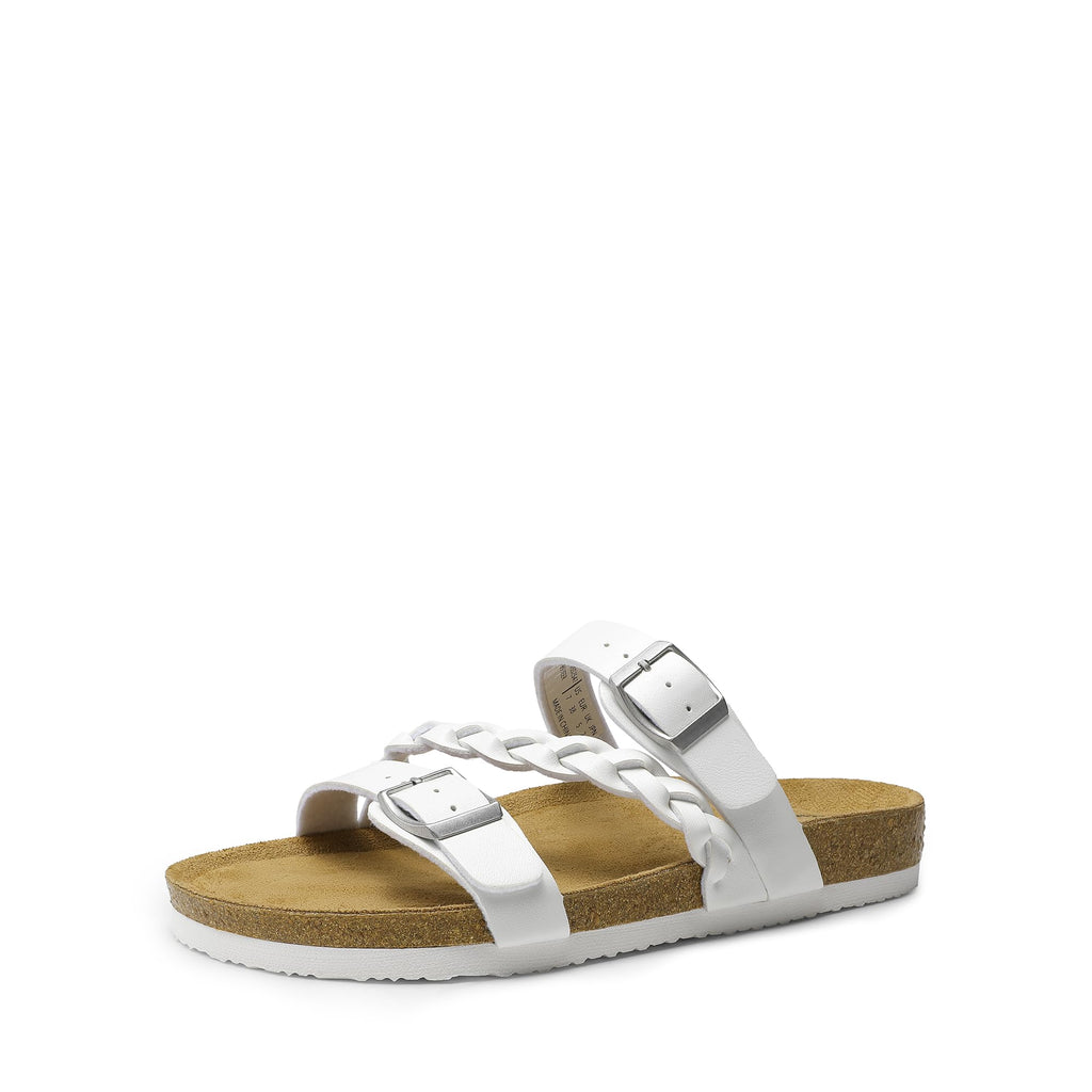 DREAM PAIRS Women's Slides Soft Cork Footbed Sandals Comfortable Walking Slip-on Flat Sandals Arch Support Adjustable Buckle Braided Straps Slippers