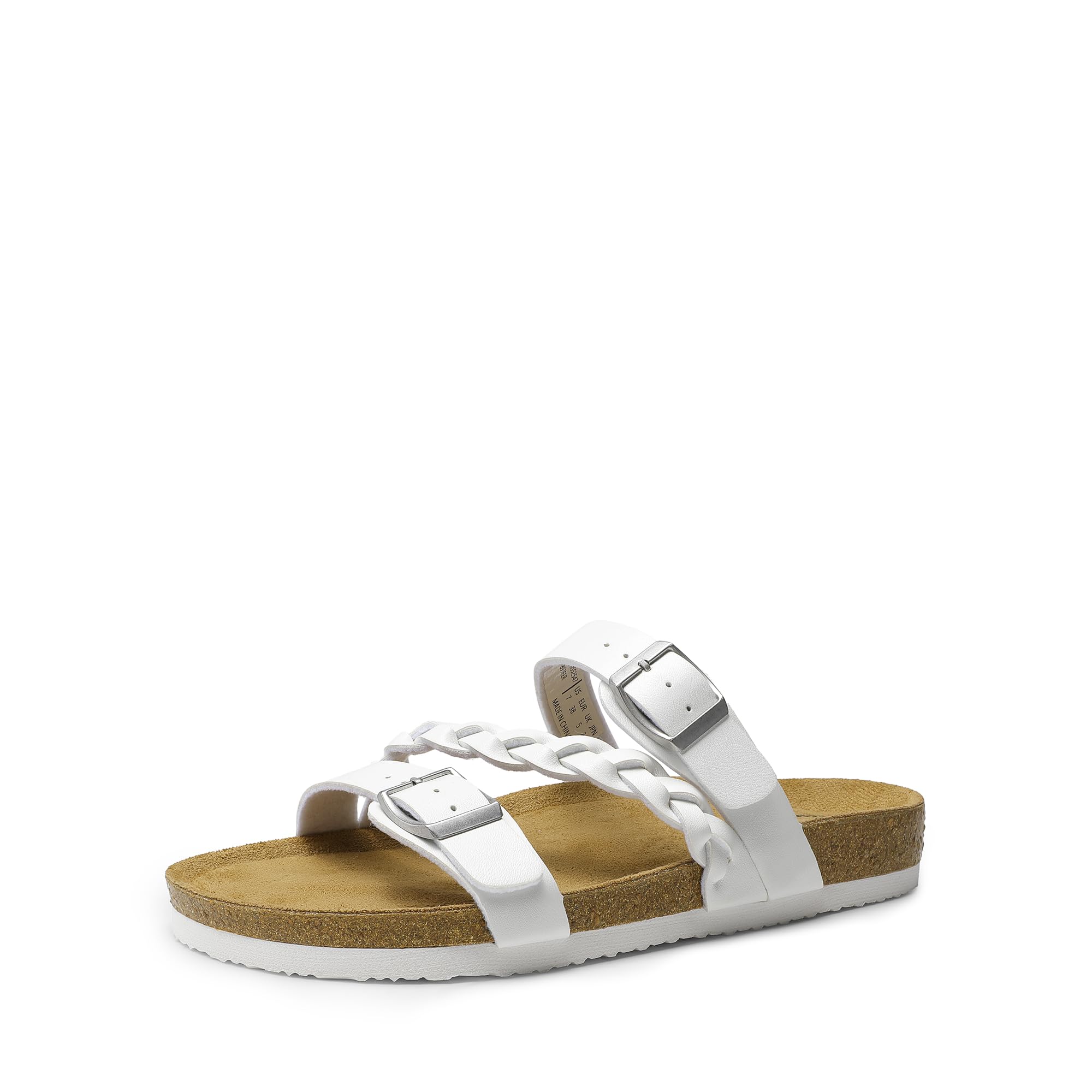 DREAM PAIRS Women's Slides Soft Cork Footbed Sandals Comfortable Walking Slip-on Flat Sandals Arch Support Adjustable Buckle Braided Straps Slippers