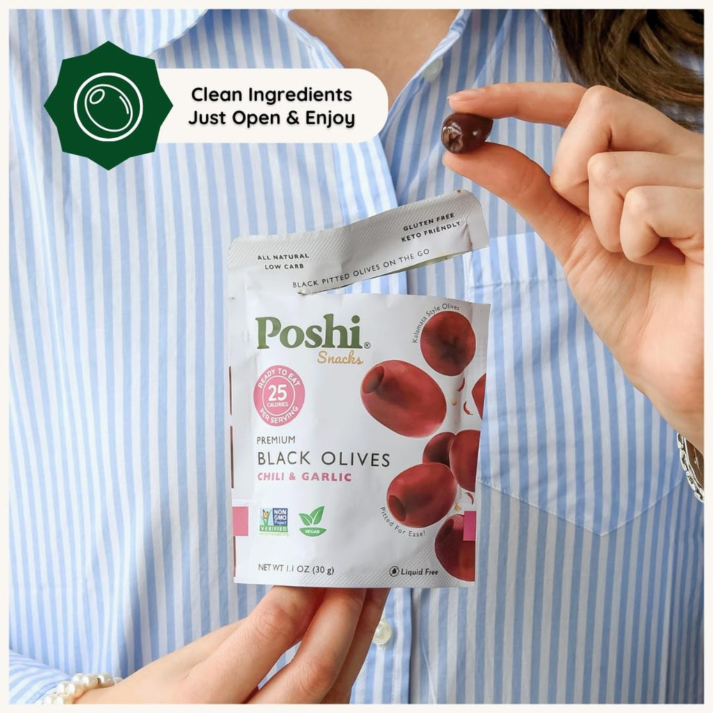 POSHI Green Pitted Olives - Basil & Garlic | Vegan, Kosher, Gluten Free + Keto Friendly, Fresh, Low Calorie Healthy Snacks | (30 Pack, 1.1oz Bags)