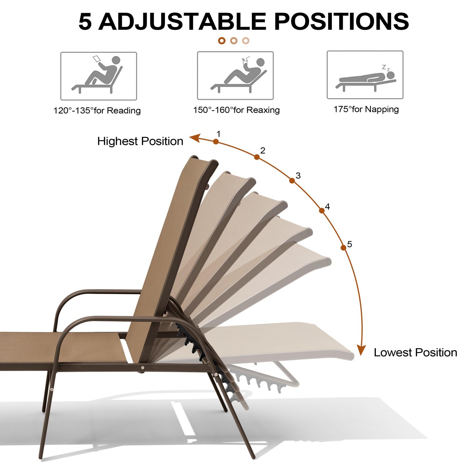 Crestlive Products Chaise Lounge Chair Outdoor with Armrests, Pool Lounge Chairs Set of 2, Aluminum Adjustable 5 Positions Sun Tanning Lounger for Patio, Poolside, Yard, Deck, Backyard (Beige)