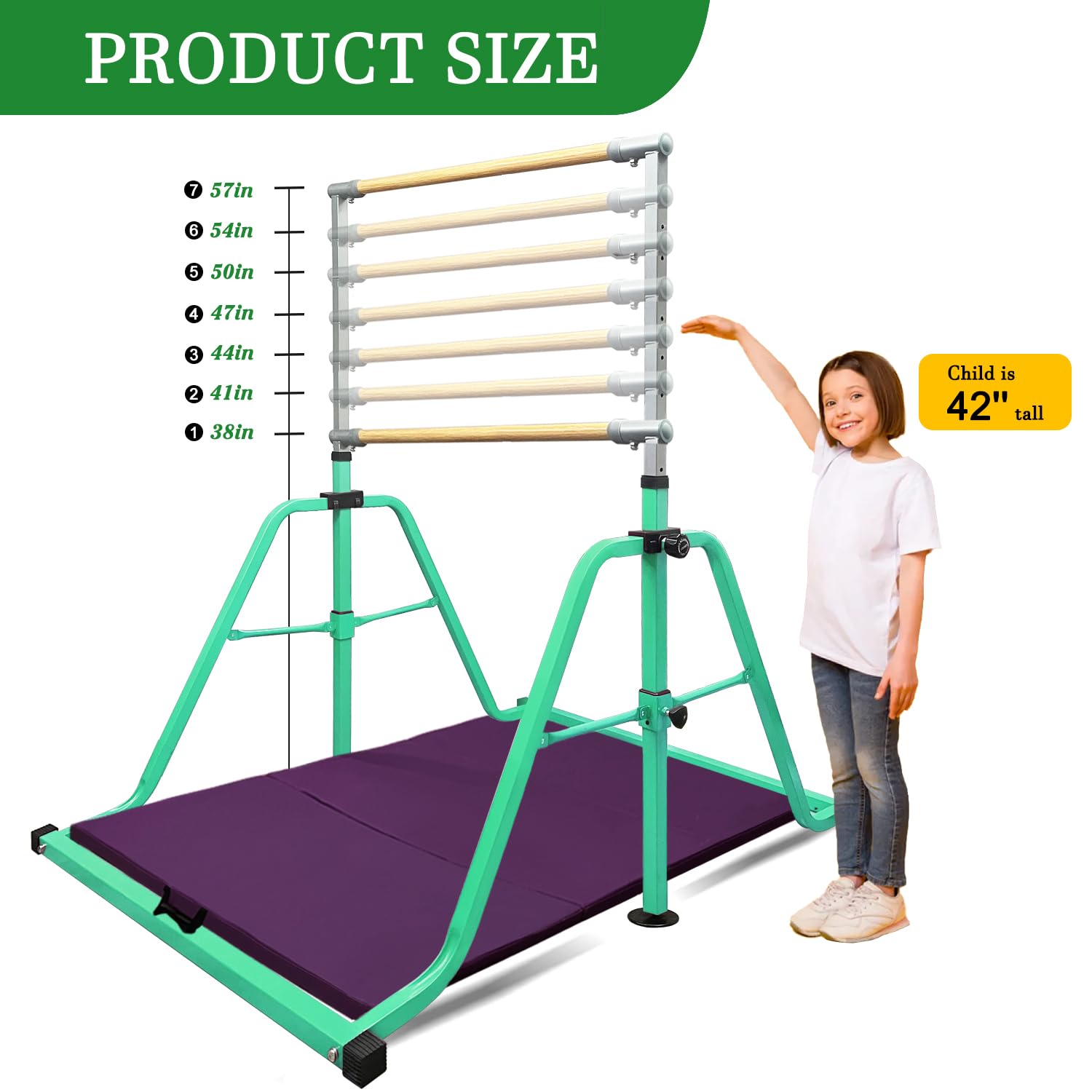 Foldable & Moveable Gymnastics Horizontal Bar with Rings,3’to 5’Adjustable Height Expandable Junior Kip Bar for Home,Indoor Gym Equipment for Kids